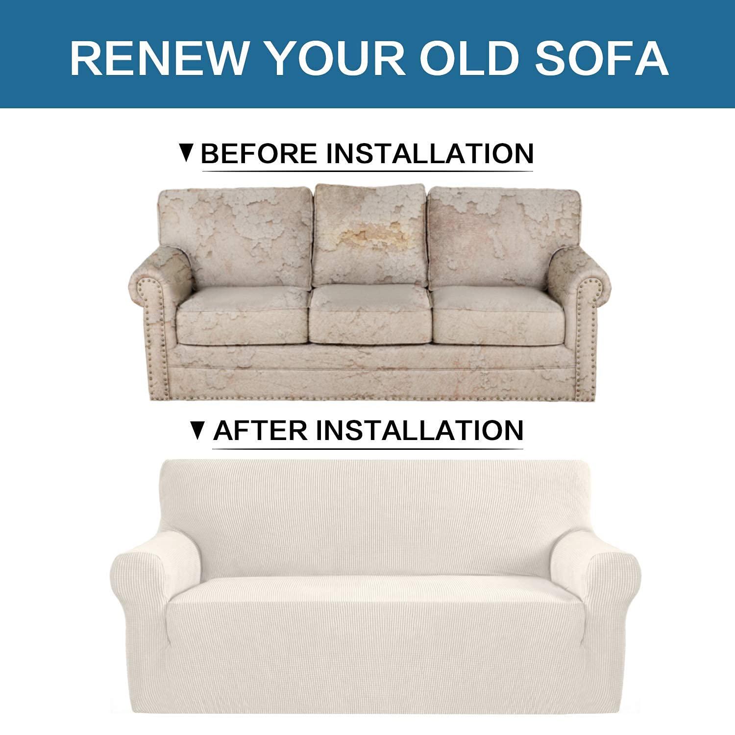 H.VERSAILTEX Stretch Sofa Covers Set - 3 Cushion Couch Cover, 2 Cushion Loveseat Cover & Armchair Slipcover - Soft Spandex Fabric, Easy Fit, Ivory - Perfect for Living Room, Bedroom, and Home Decor Protection