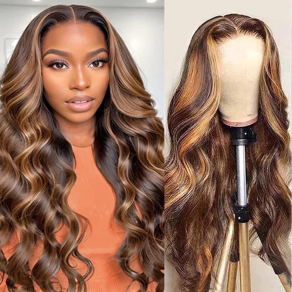 Ready to Wear Glueless Wigs Human Hair - 5x5 HD Lace Closure, Pre Plucked & Cut, Body Wave Lace Front Wigs, 180% Density, 4/27 Ombre Highlight Honey Blonde, 22 Inch - Perfect for Daily Wear, Parties, and Special Occasions