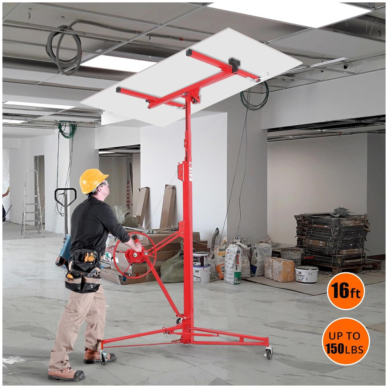 GARVEE 16FT Drywall Lift - 150LBS Capacity Adjustable Ceiling Panel Hoist for Home Renovation & Construction Projects | Perfect for Installing Drywall, Ceiling Tiles & Plasterboard