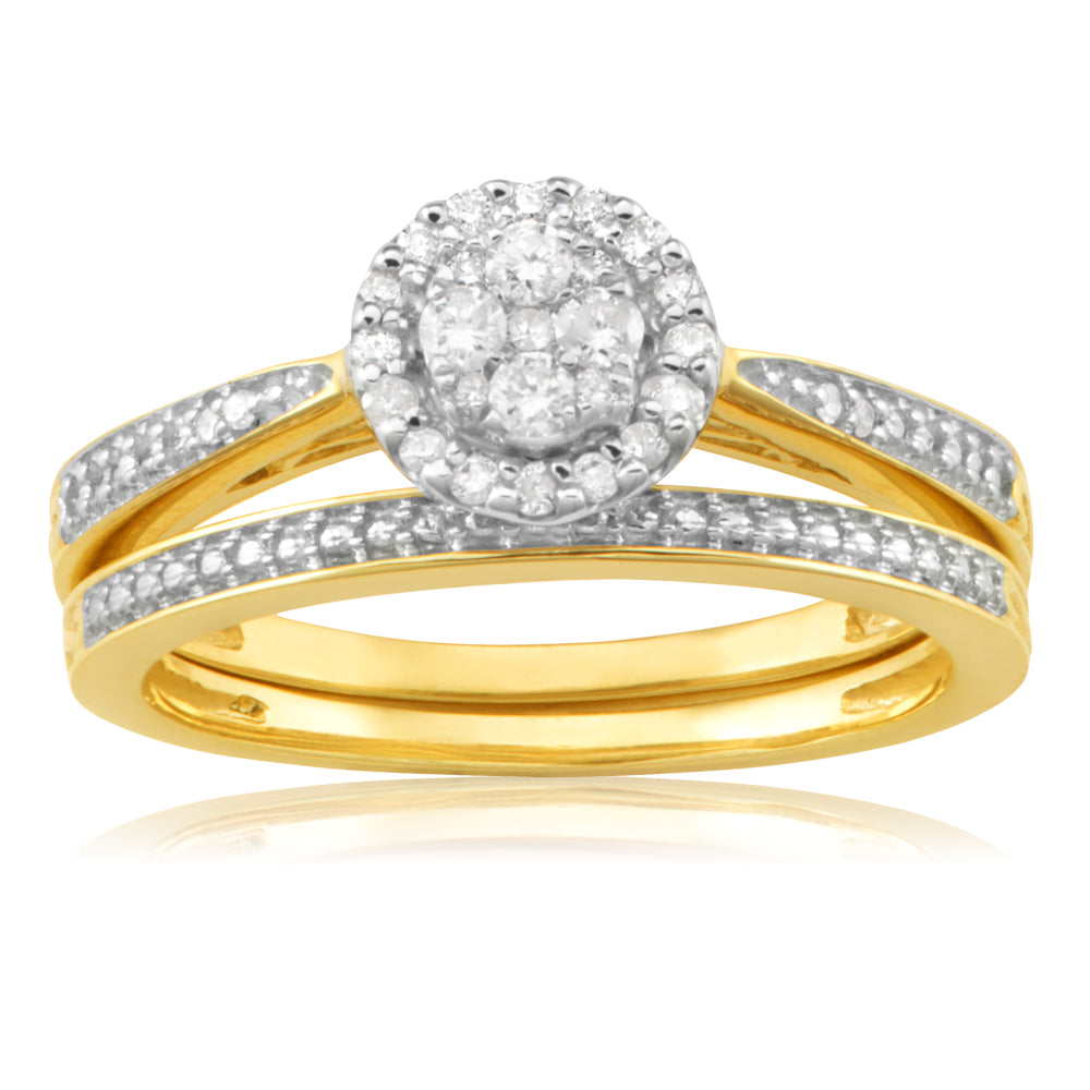 9ct Yellow Gold 2 Ring Diamond Bridal Set with 1/5 Carat Diamonds - Elegant Wedding Band & Engagement Ring Set for Women, Perfect for Proposals, Anniversaries & Bridal Jewelry Gifts