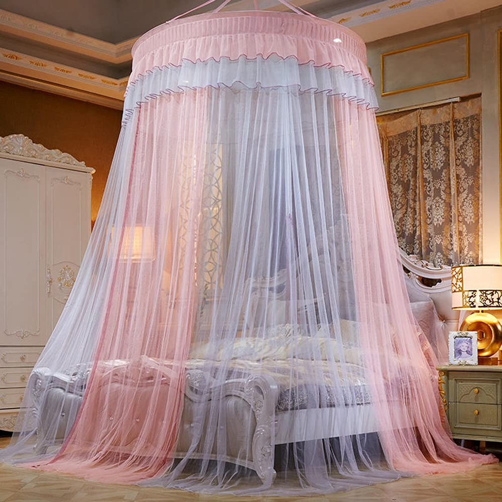 Mengersi Bed Canopy Mosquito Net - Elegant Lace Round Sheer Mesh Bed Curtains for Twin, Full, Queen & King Size Beds (Peach/Gray) - Perfect for Princess Bedroom Decor, Romantic Weddings & Nursery Protection
