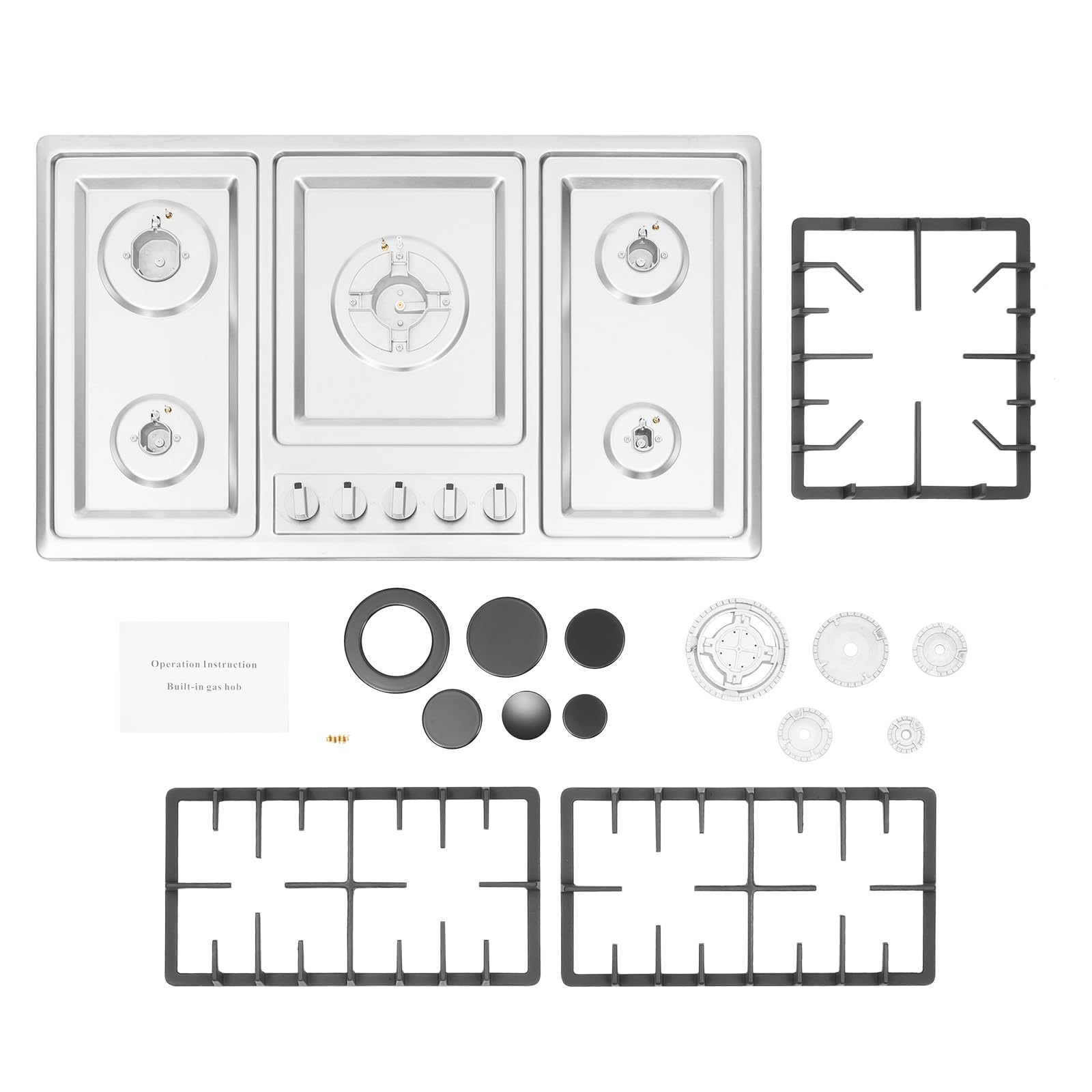 34 Inch 5-Burner Built-In Stainless Steel Gas Cooktop - LPG/NG Dual Fuel, Thermocouple Protection & Easy Clean Drop-in Gas Hob (Silver) - Perfect for Modern Kitchens, Restaurants & Outdoor Cooking