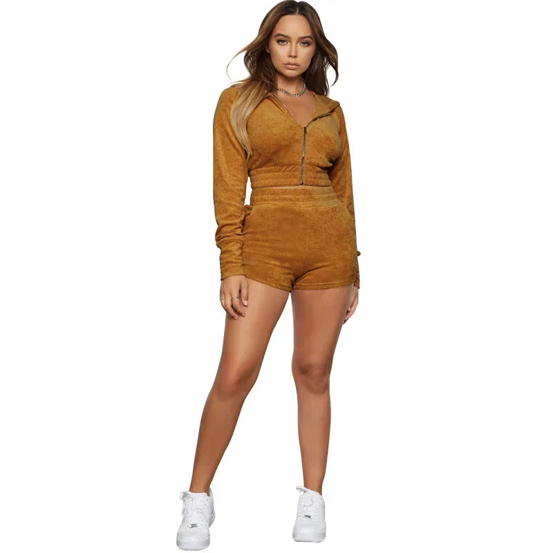 Velvet Tracksuit for Women - Sporty 2 Piece Set with Hooded Zip Jersey & Shorts | 2024 Fashion Streetwear | Gym, Lounge & Casual Outfit