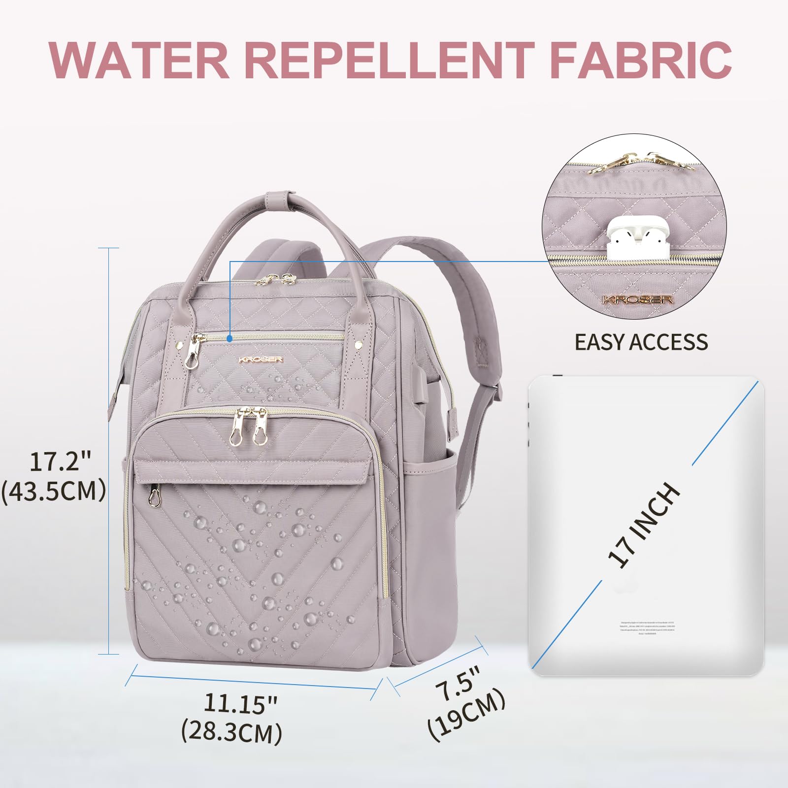 KROSER 17 Inch Laptop Backpack - Water Resistant USB Charging Port College Backpack for Men & Women, Stylish Quilted Dusty Pink Daypack - Perfect for Work, Travel, School & Business Commute