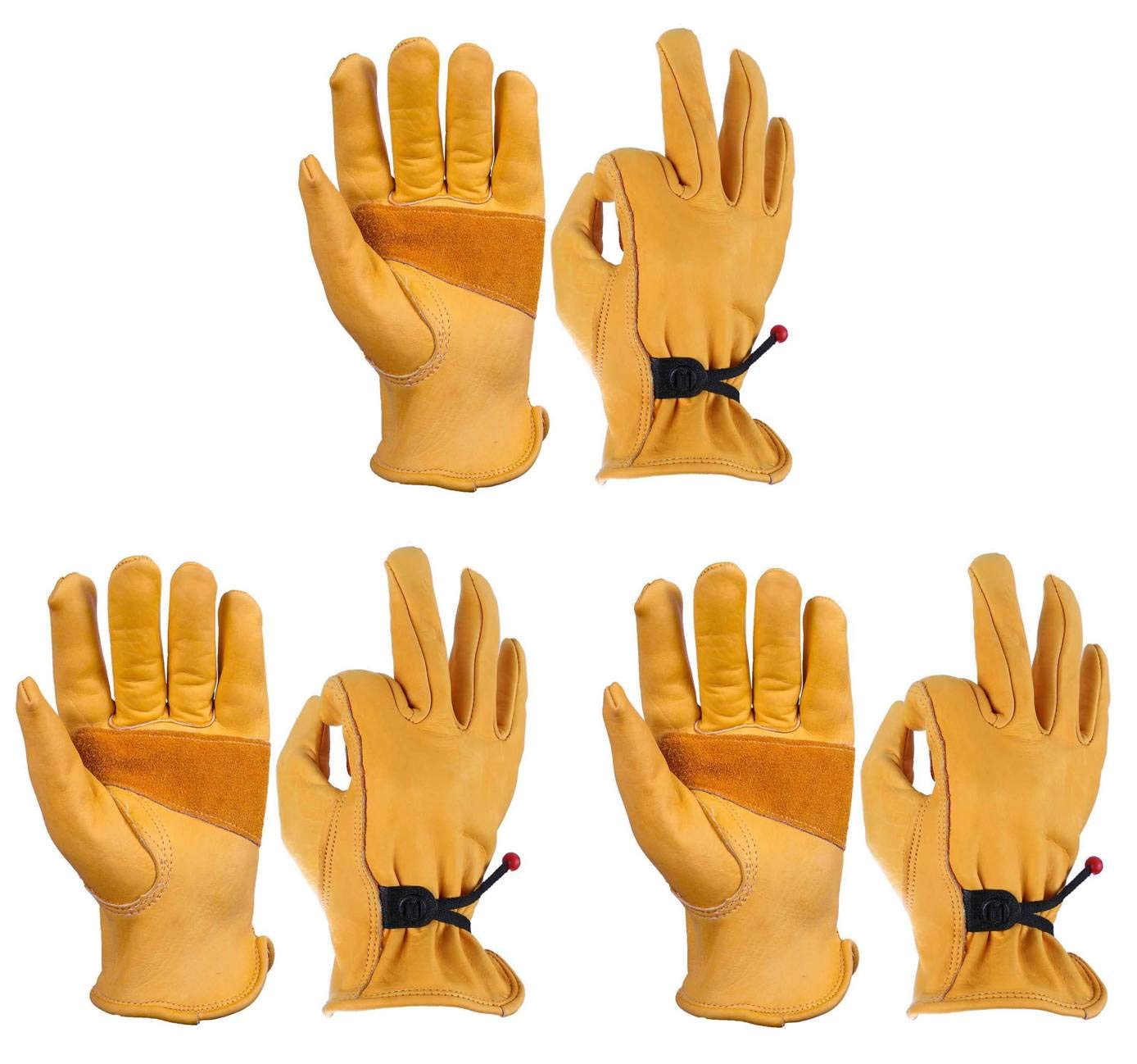 OZERO Men's Leather Work Gloves - 3 Pairs Large Cowhide Heavy Duty Gloves for Mechanics, Driving, Ranch Work & Gardening | Durable Protection for Outdoor Labor & DIY Projects