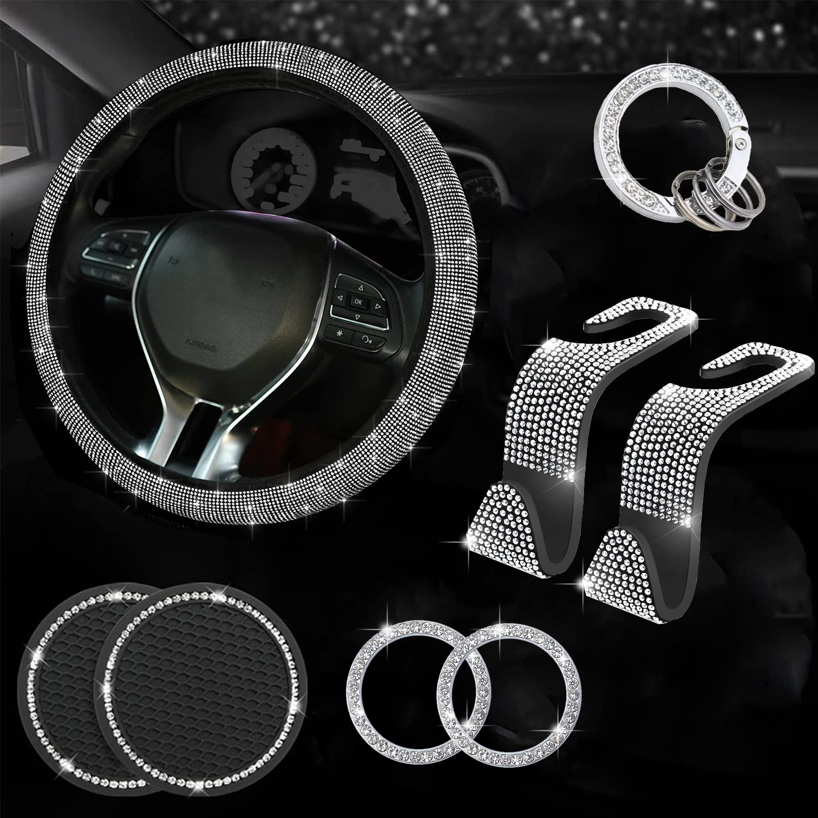 8 Pack Bling Steering Wheel Cover for Women - Universal Diamond Car Accessories Set with Keyring, Coaster, Crystal Emblem Stickers & Seat Hook | Sparkling Car Decor for Girls | Perfect for Daily Commute & Road Trips (White)