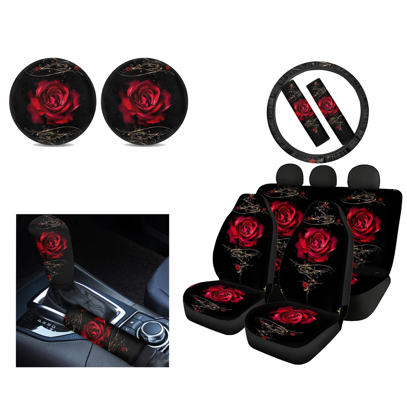 FUIBENG Red Rose Car Seat Covers Set - Front & Rear Seat Protectors, Steering Wheel Cover, Seatbelt Pads, Cup Coasters, Gear Shift & Handbrake Covers - Luxury Rose Flower Car Accessories for All Vehicles | Perfect for Valentine's Day Gifts & Romantic Date Nights