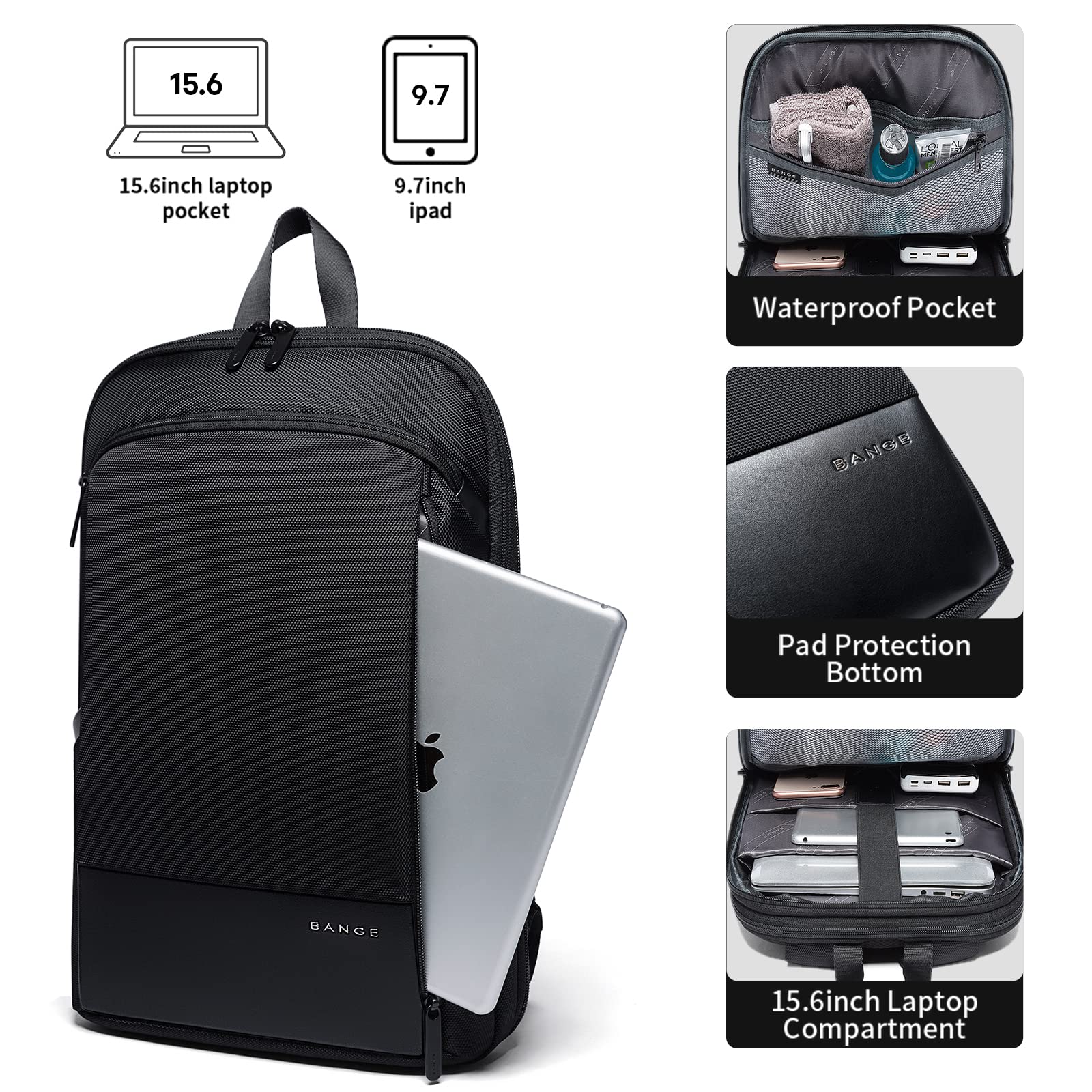 BANGE Slim Laptop Backpack for Women & Men - 15.6 Inch Business Commuter Backpack with USB Charging Port - Water-Resistant Work Backpack for Office, College, Travel & Daily Use