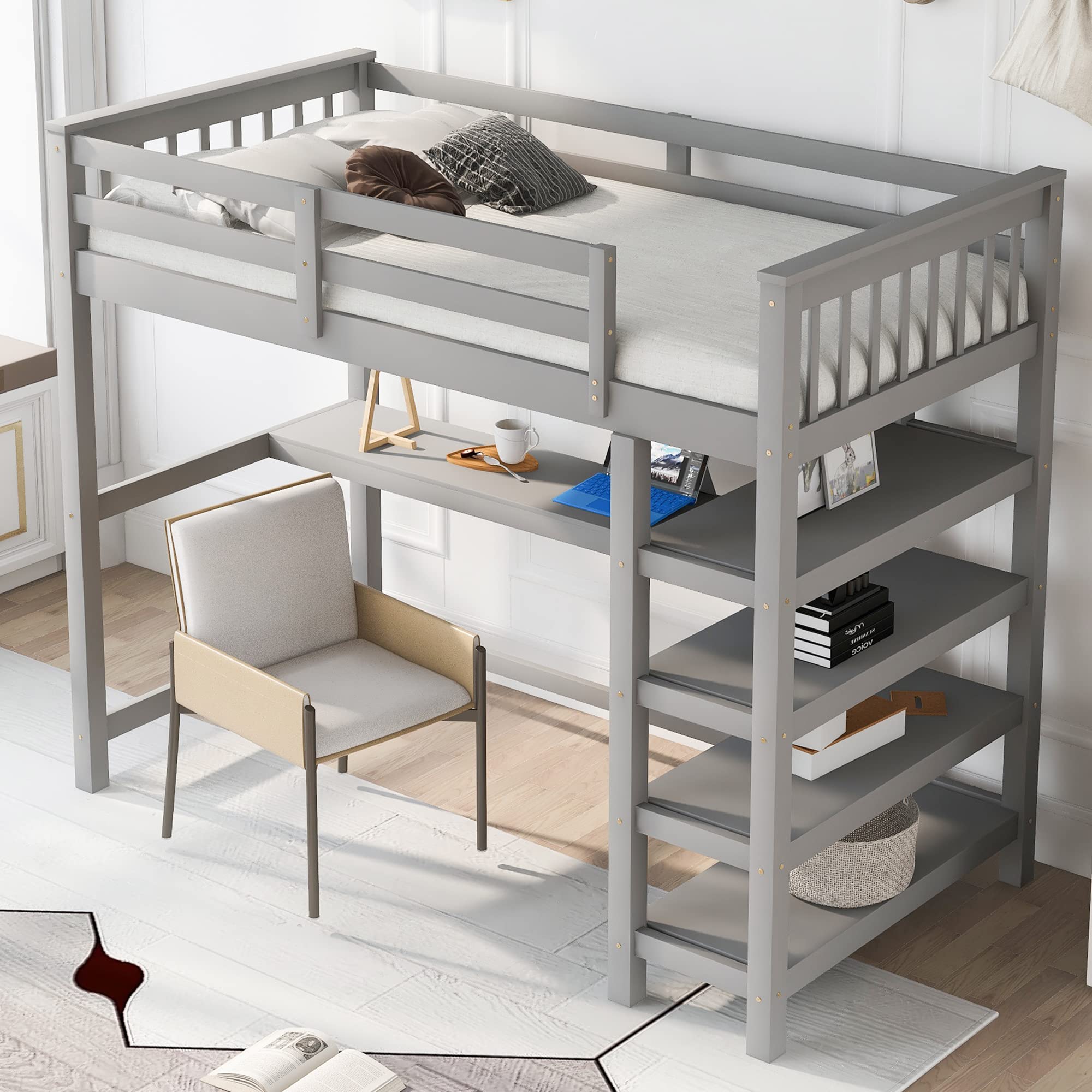 Harper & Bright Designs Twin Size Loft Bed with Desk & Storage Shelves - Space-Saving Wooden Loft Bed for Kids & Teens, No Box Spring Needed, Grey - Perfect for Small Bedrooms, Dorm Rooms & Studio Apartments