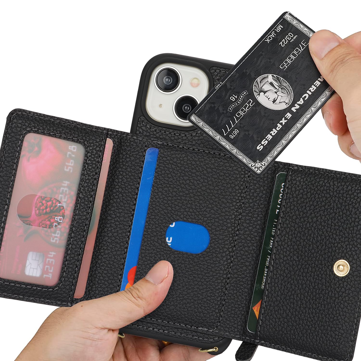 Premium Leather iPhone 13 Mini Case with Card Holder & Crossbody Strap - Wallet Phone Case with Zipper Pocket & Stand Ring for Women (Black) - Perfect for Travel, Shopping & Everyday Use