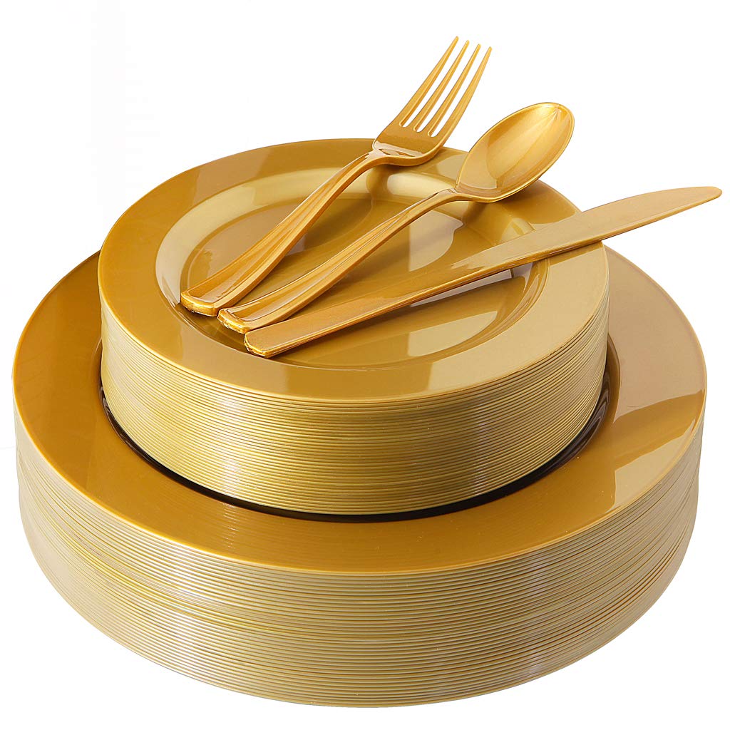 180-Piece Gold Plastic Plate Set - Premium Heavyweight Disposable Gold Dinnerware Includes 10.25