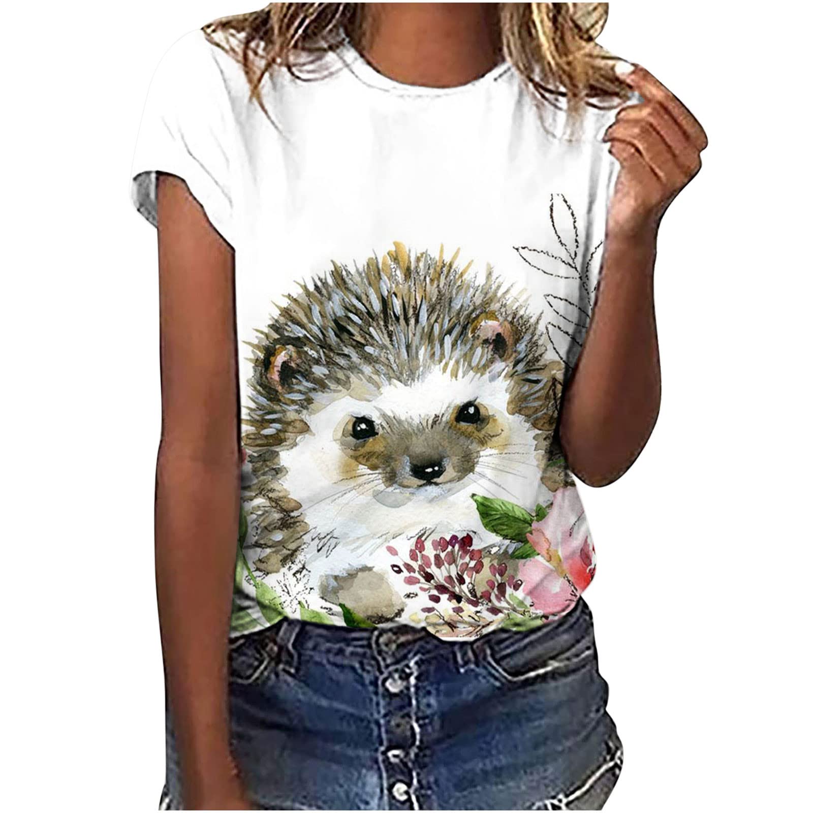 Cute Hedgehog Print T-Shirts for Women - Soft Crew Neck Short Sleeve Summer Tops - Animal Graphic Tees for Teen Girls - Perfect for Casual Wear, Outings & Gifts
