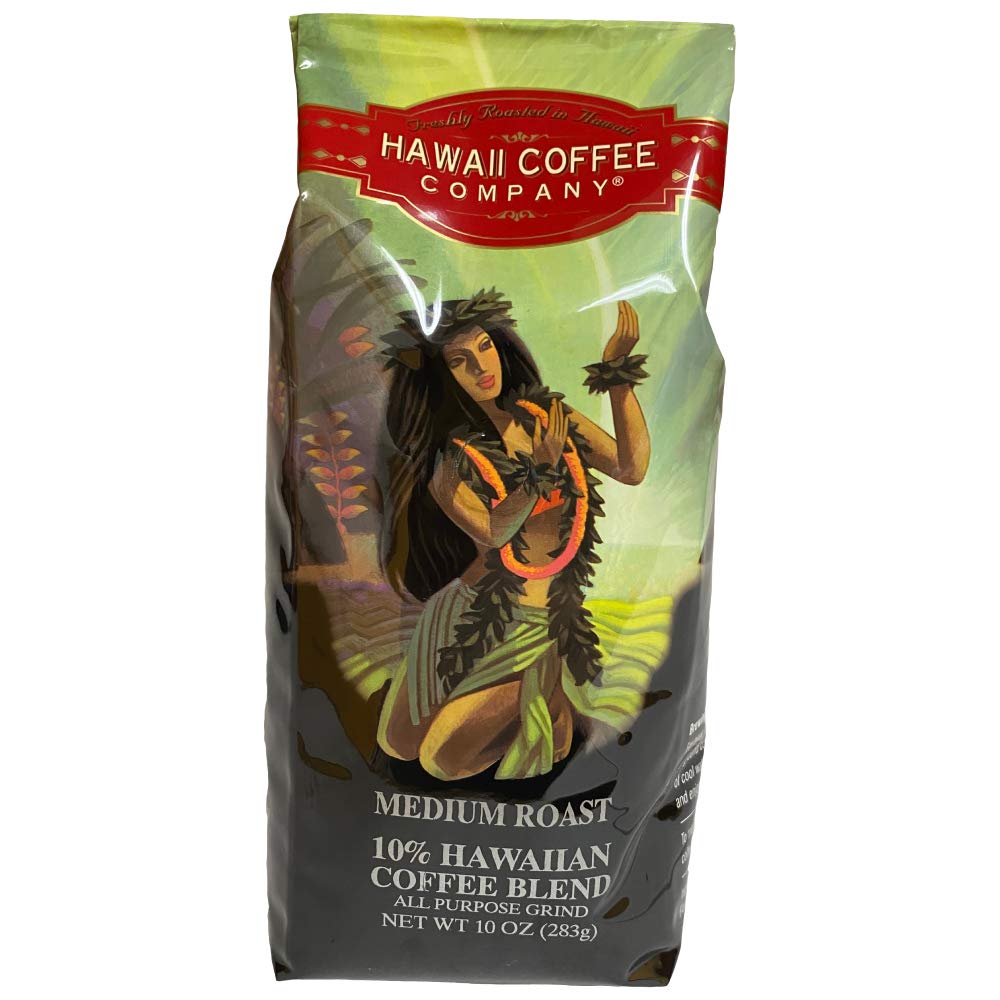 Premium Hawaiian Blend Medium Roast Ground Coffee - 10oz Bag by Hawaii Coffee Company | 10% Kona Coffee | Perfect for Home Brewing & Office Use