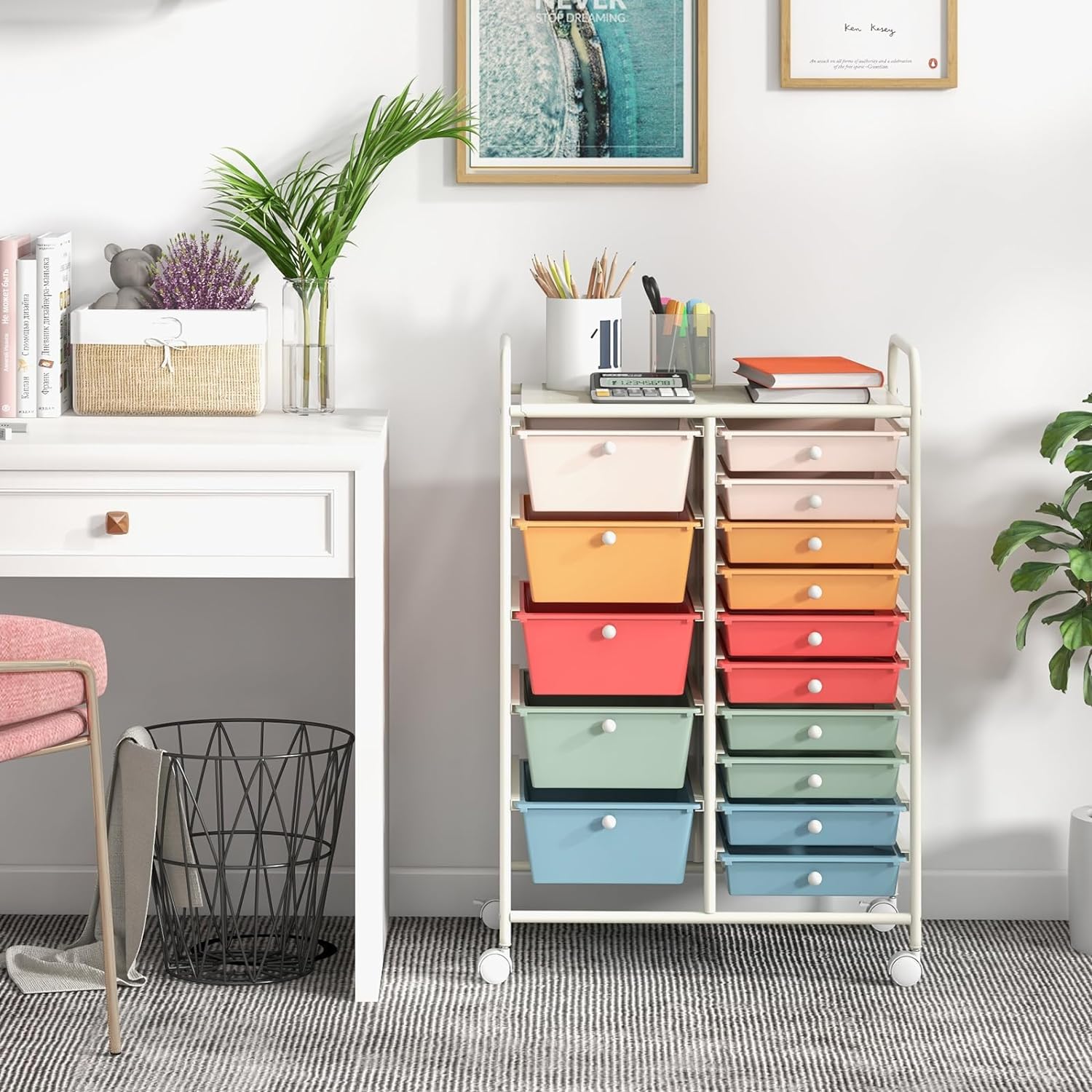 LDAILY 15-Drawer Rolling Storage Cart with Durable Metal Frame - Multipurpose Mobile Organizer for Office, School & Craft Supplies - Perfect for Scrapbooking, Art Tools & Classroom Organization (Macaron)