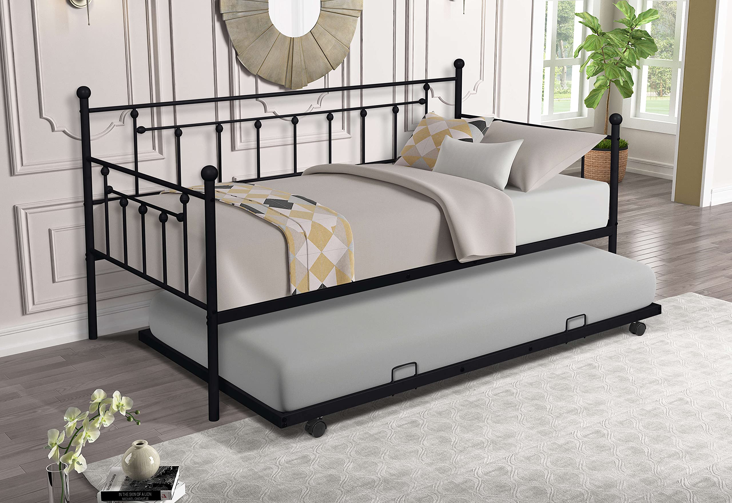 Twin Daybed with Trundle Frame Set - Premium Steel Slat Support, Space-Saving Bedroom & Living Room Furniture for Guests (Mattress Sold Separately) - Perfect for Small Apartments, Guest Rooms & Home Offices