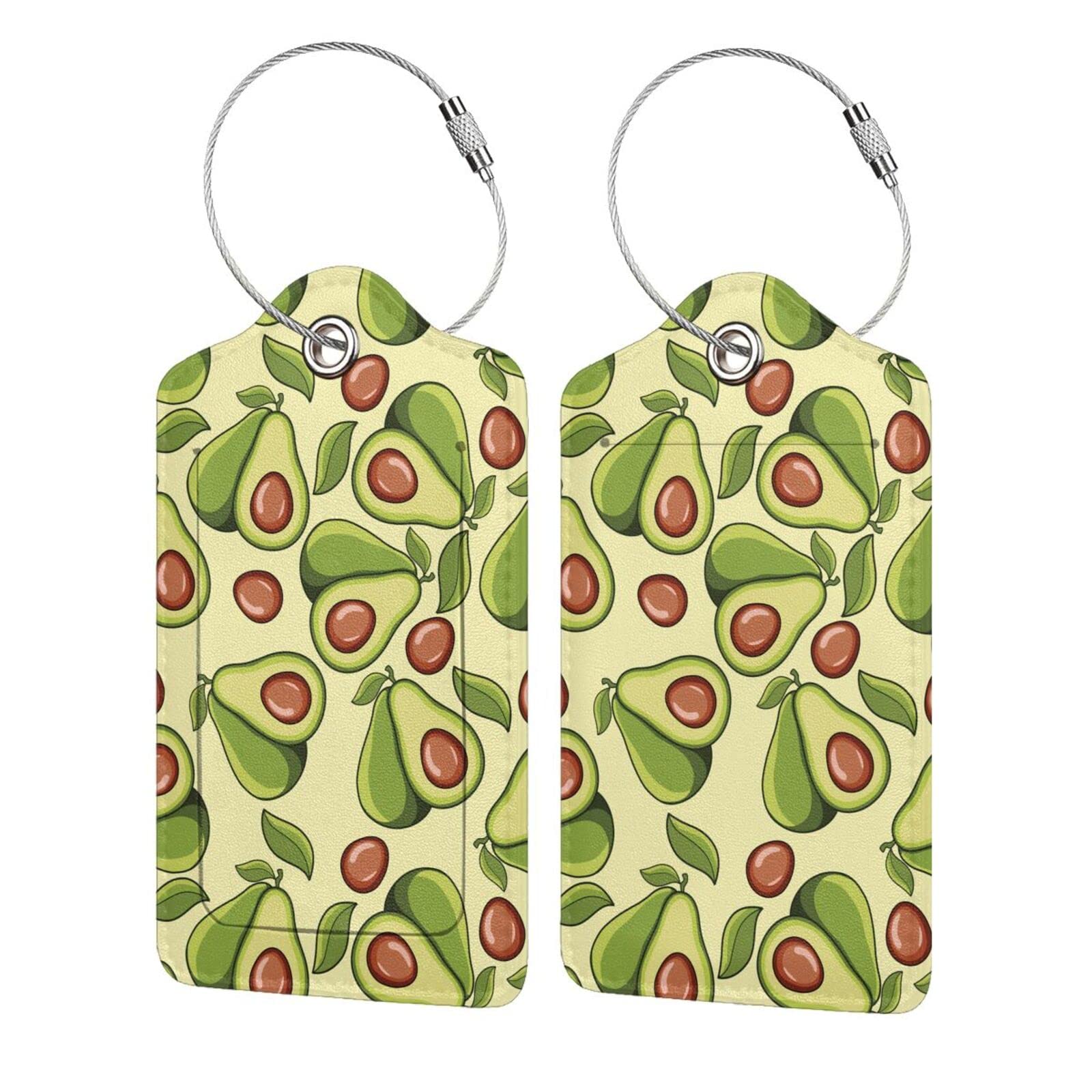 2 PCS Green Avocado PU Leather Luggage Tags with Stainless Steel Loop - Durable Privacy Cover ID Label for Suitcases - Perfect Travel Accessories for Women, Men & Kids - Great Gift Idea for Frequent Flyers & Vacationers
