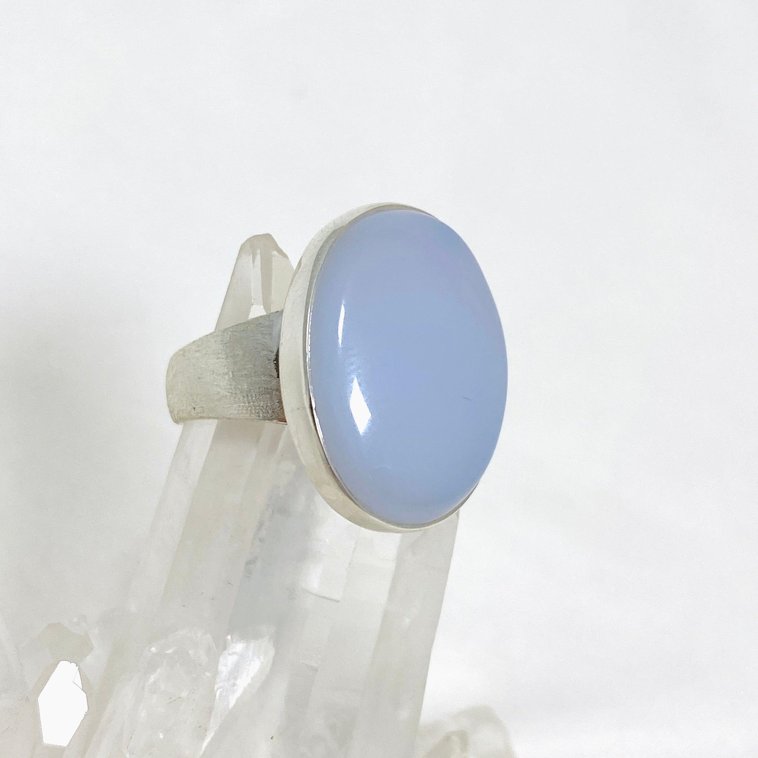 Blue Chalcedony Oval Ring with Brushed Band - Size 9 Sterling Silver Women's Jewelry KRGJ3245 | Elegant Gift for Birthday, Anniversary & Everyday Wear