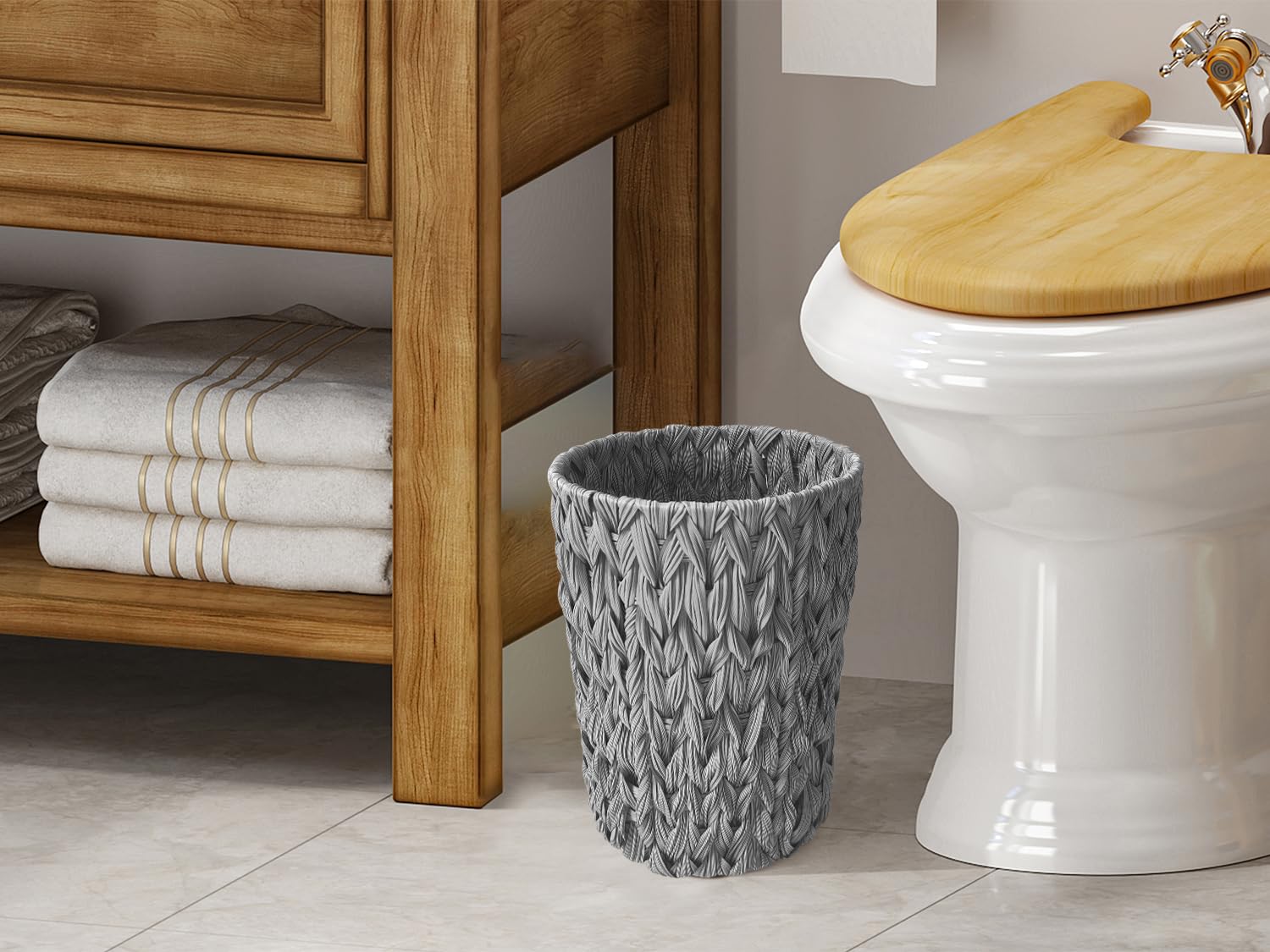 Waterproof Wicker Trash Can - 2 Gallon Small Round Bathroom & Bedroom Waste Basket, Handwoven Grey Office Trash Bin for Home, Kitchen, Dorm (Perfect for Bathroom Vanity, Bedside, or Office Desk)
