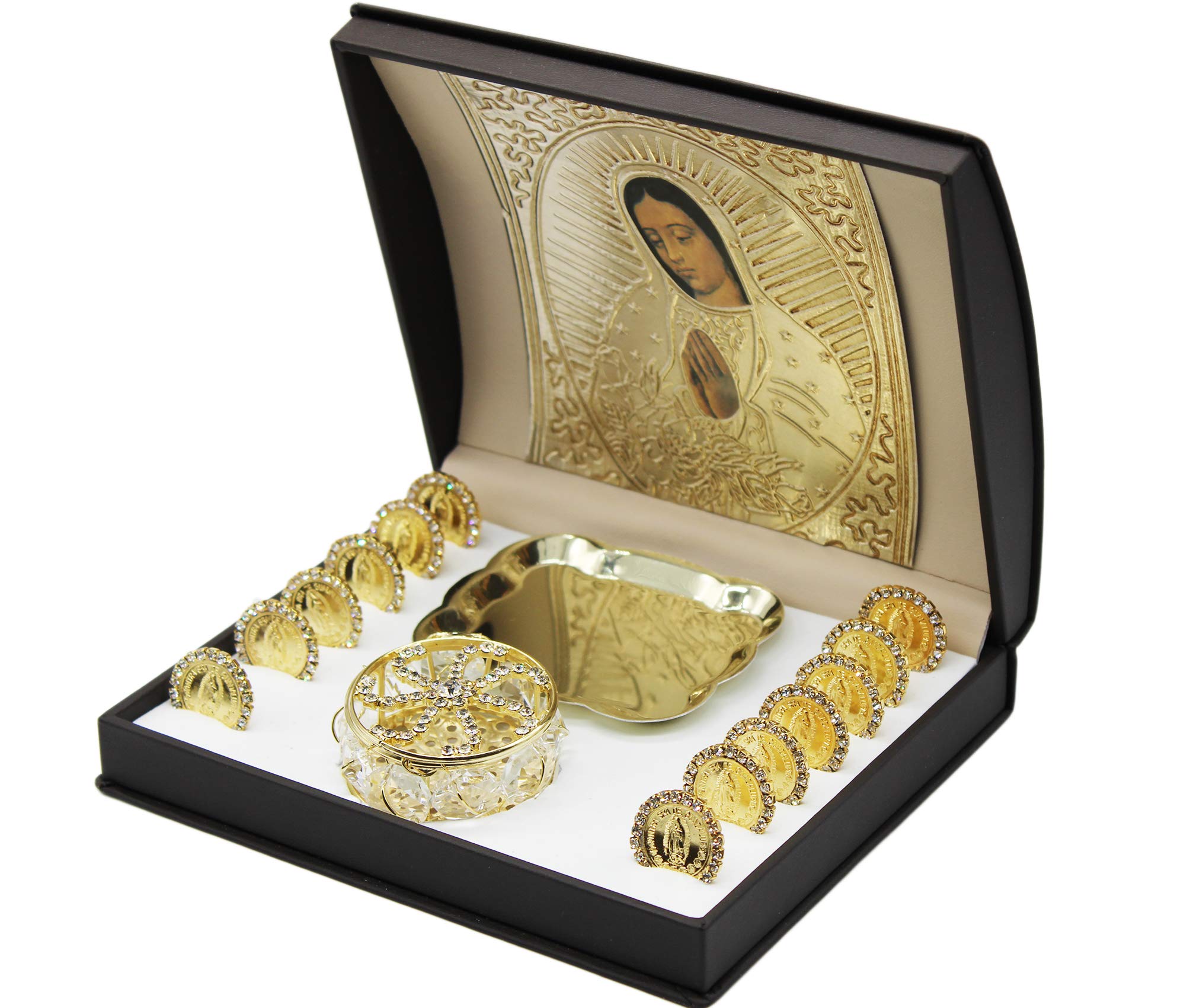 Wedding Unity Coins Set - Gold-Plated Ceremony Arras in Decorative Magnetic Display Case with Lady of Guadalupe Design - Elegant Wooden Box for Marriage Traditions - Perfect for Wedding Ceremonies, Anniversaries & Special Occasions