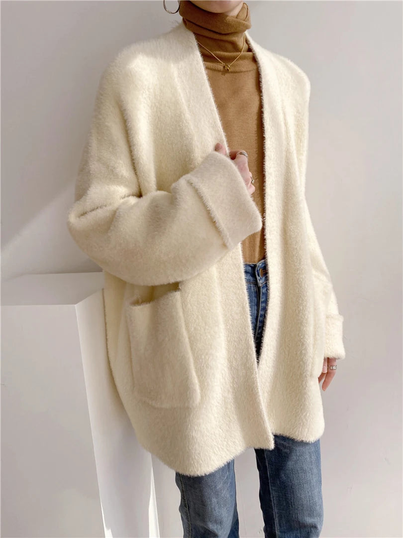 Luxury Big Size Camel Cashmere Knit Cardigan for Women - Loose Fit V-Neck Long Sleeve Sweater | Soft & Warm Winter Fashion 2025 | Perfect for Office, Travel & Casual Outfits