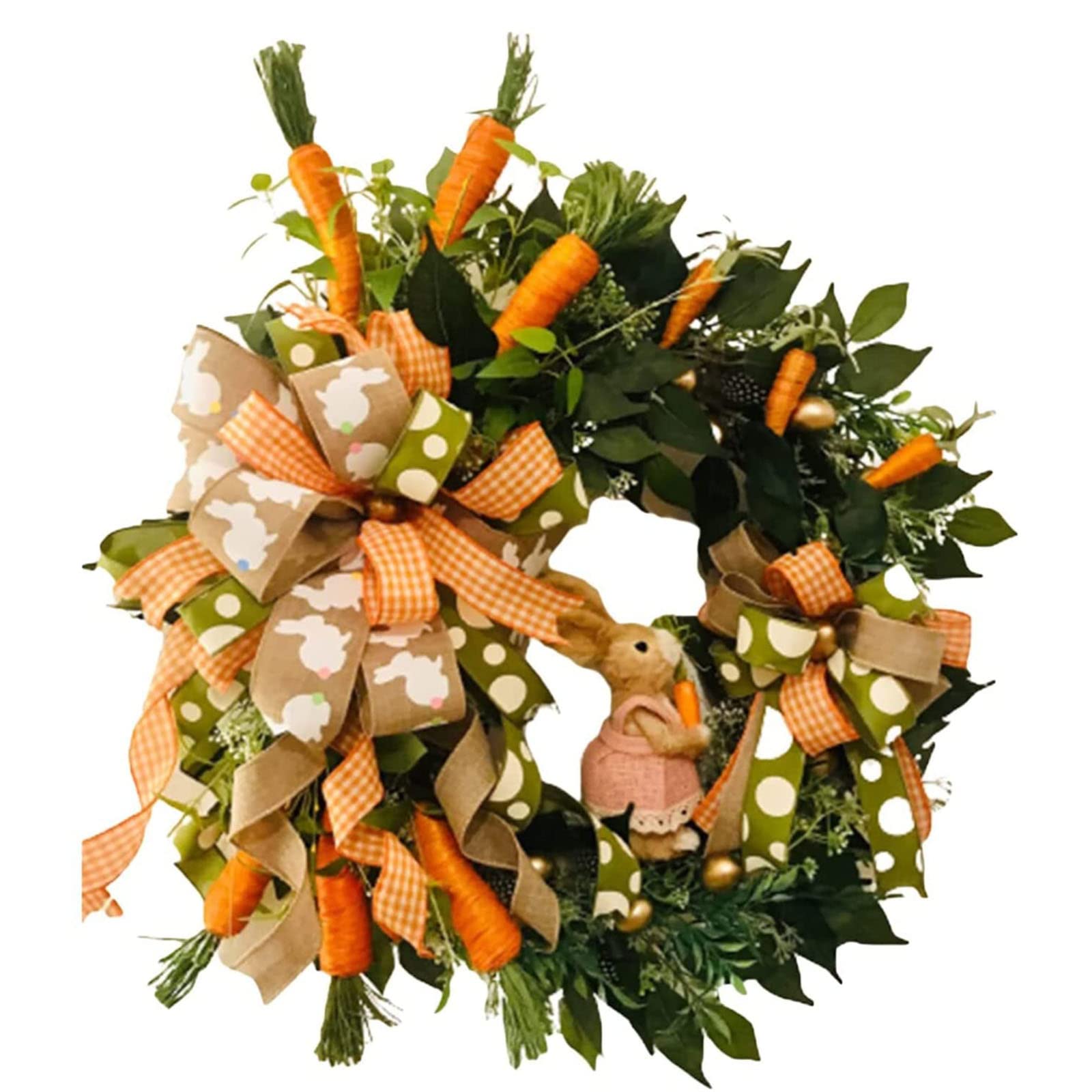 17.7 Inch Easter Bunny Wreath for Front Door - Artificial Spring Floral Wreath with Carrots, Eggs & Ribbon Decor - Perfect for Easter, Spring Season, and Year-Round Home Decor
