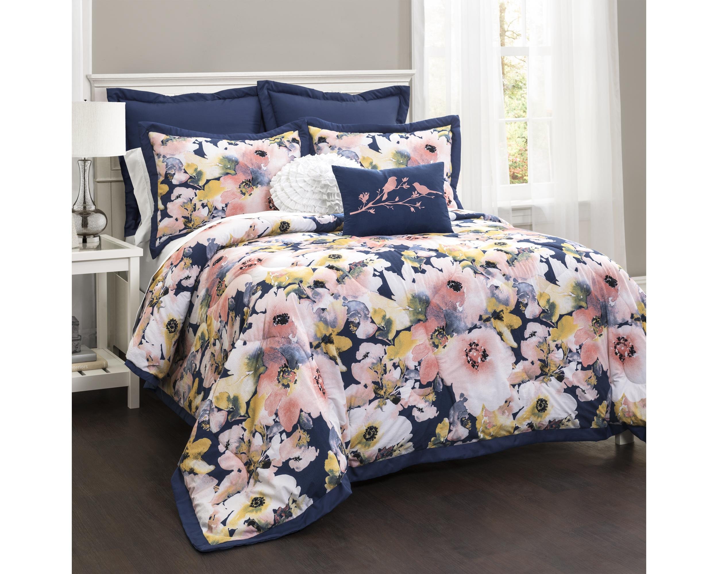 Lush Decor Floral Watercolor King Comforter Set - Blue for Bedroom Decor