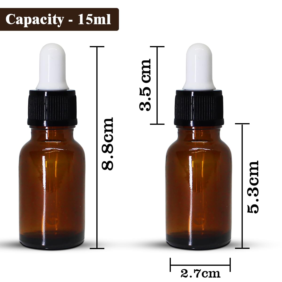 NSB Herbals 15ml Amber Round Empty Glass Bottle with Glass Dropper, Black Ring & White Silicone Teat - Leak Proof, Refillable for Essential Oils, DIY Perfumes, Aromatherapy (Pack of 3) - Perfect for Travel, Home Use & Gift Packaging