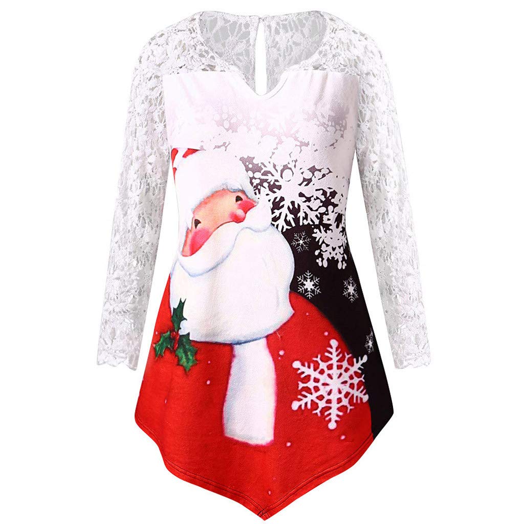 Christmas Lace Patchwork T-Shirt for Women - Plus Size Asymmetrical Merry Printed Holiday Top | Festive Party Outfit, Casual Christmas Wear, Gift for Her