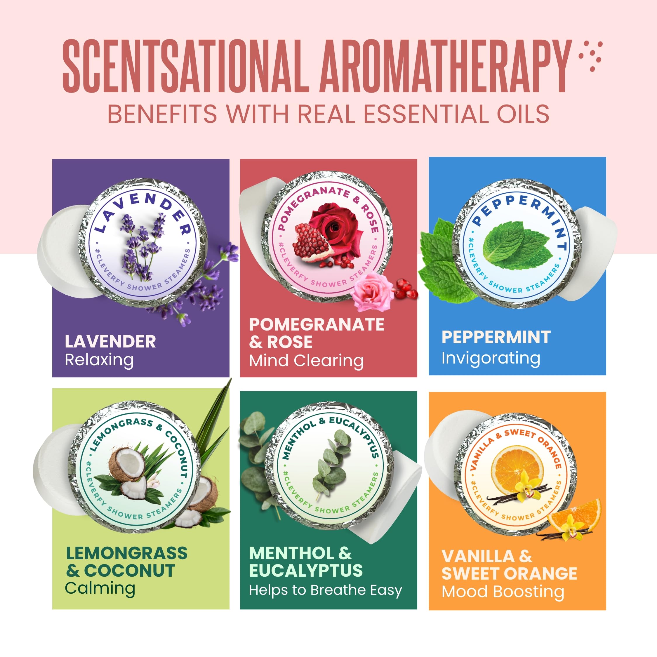 Cleverfy Aromatherapy Shower Steamers - 6-Piece Red Variety Set | Stress Relief & Relaxation for Spa-Like Shower Experience
