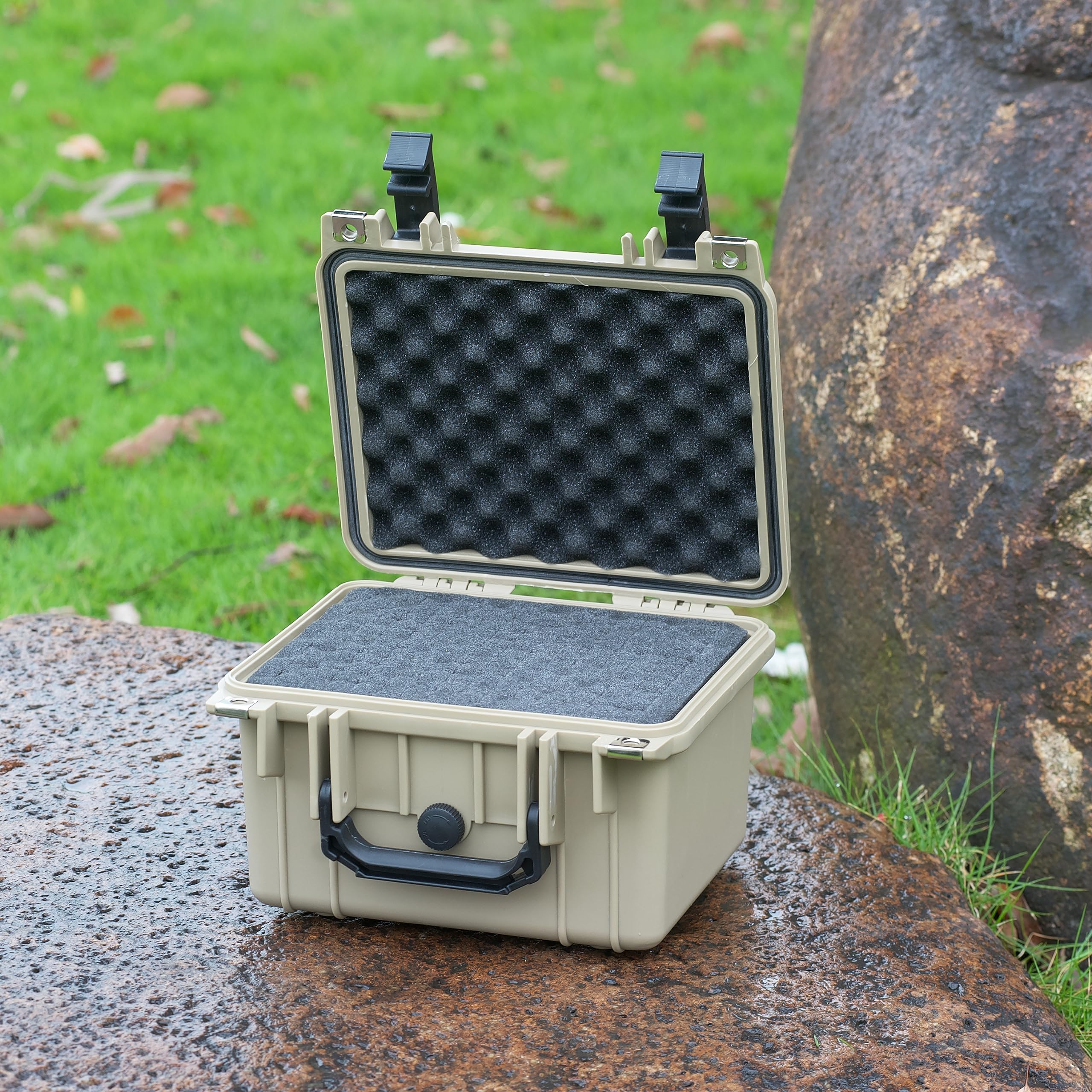 MEIJIA 10.62 x 9.68 x 6.87 Inches All-Weather Waterproof Hard Protective Case with Customizable Foam - Perfect for Drones, Cameras & Equipment (Desert Tan) | Travel, Outdoor Adventure & Professional Gear Storage