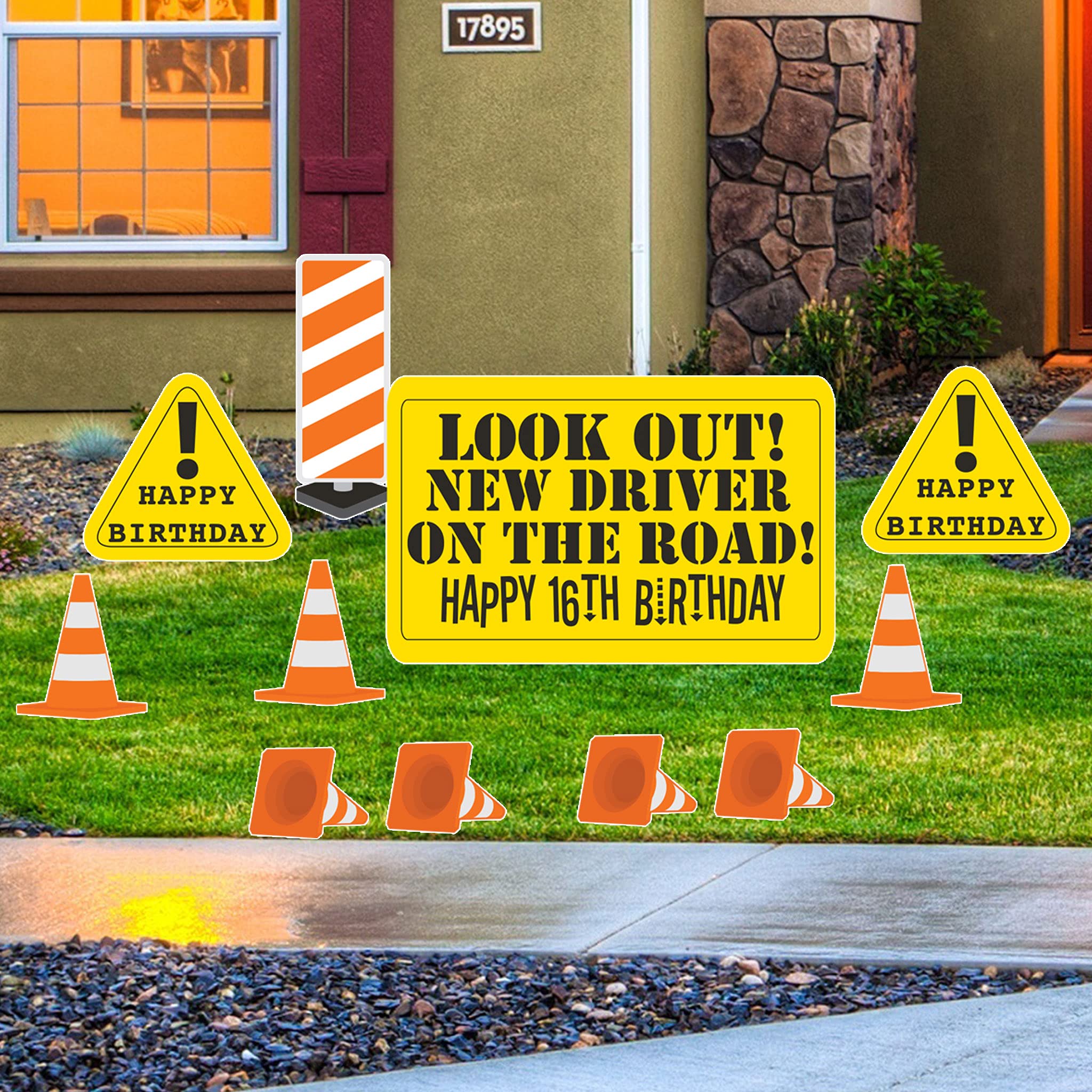 VictoryStore 16th Birthday Yard Sign - 'Look Out! New Driver On The Road!' Happy Sweet 16 Outdoor Decor with 11pc Set (12438) - Perfect for Front Yard Birthday Celebrations & Driver's License Milestone Parties
