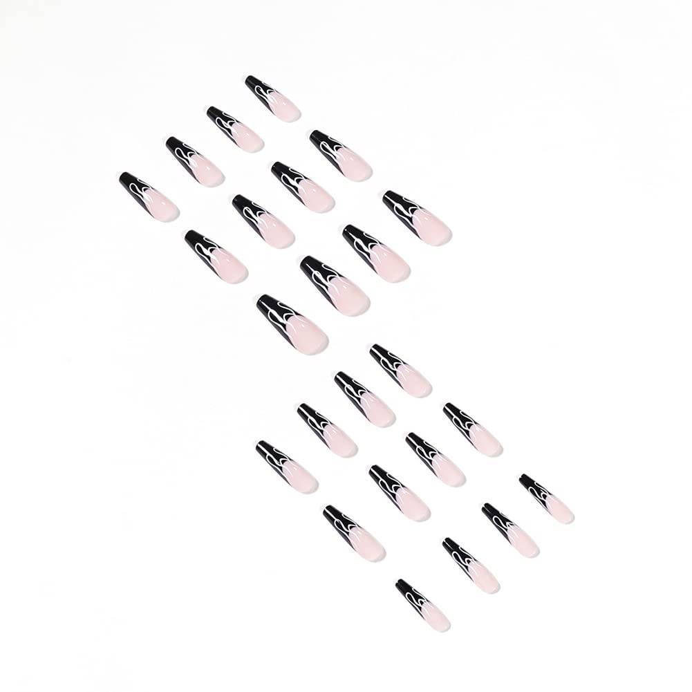 24Pcs Long Coffin Press on Nails - Flame Design Glossy Fake Nails for Women, Full Cover Ballerina Clip on Nails, Easy to Apply at Home, Perfect for Parties, Weddings & Special Occasions