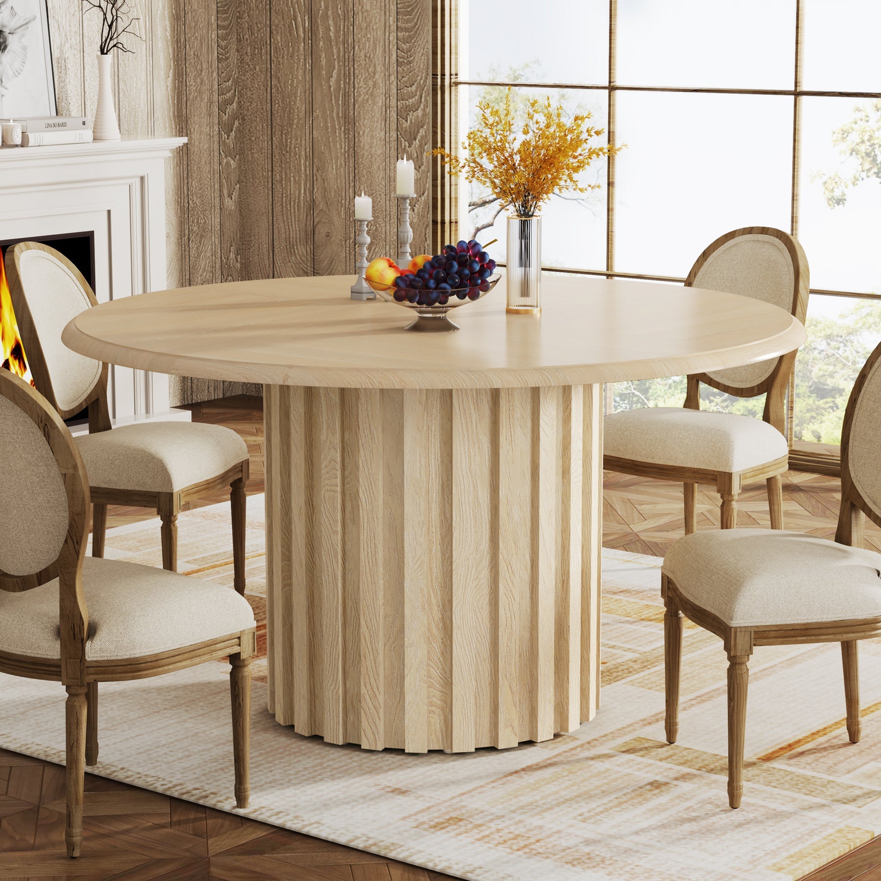 Farmhouse Round Dining Table 43.3 Inch - Rustic Kitchen Table with Sturdy Metal Base - Seats 4 - Perfect for Small Spaces, Breakfast Nooks & Cozy Family Meals