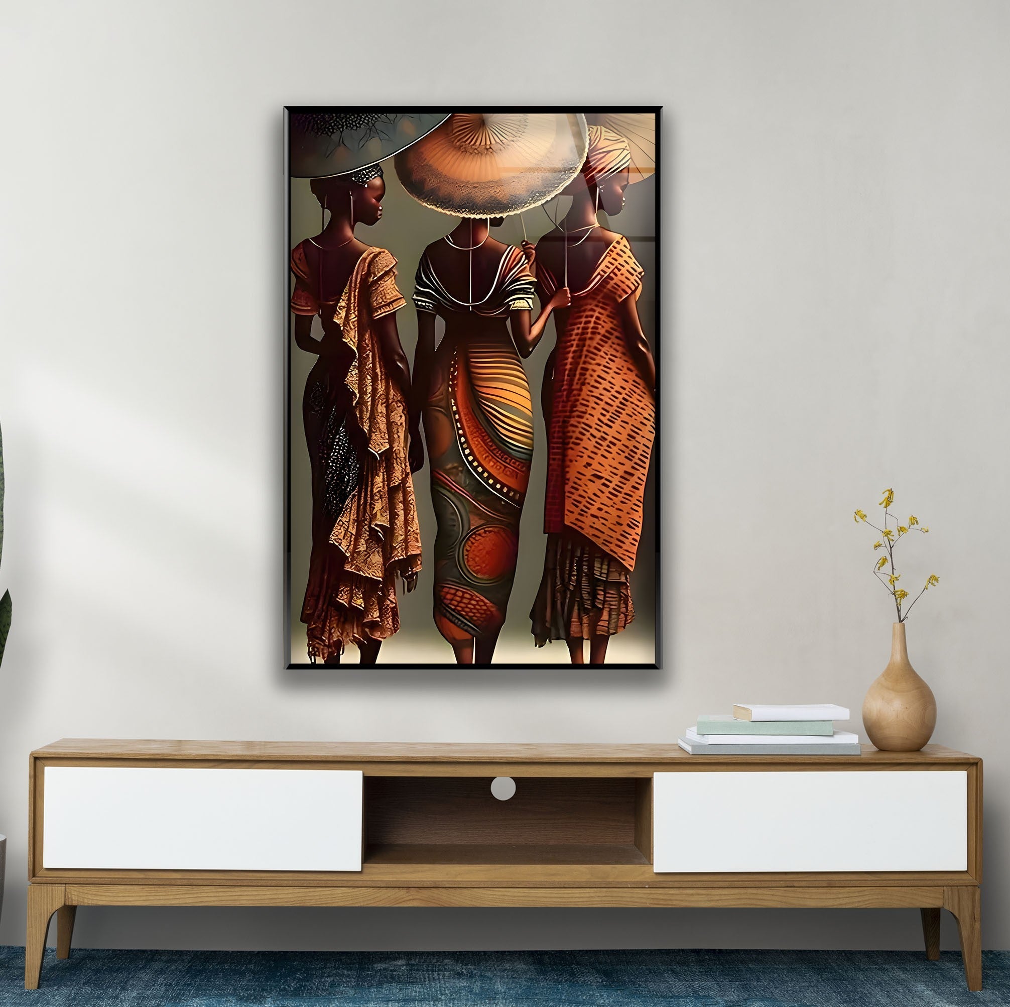 African Woman with Umbrella Glass Wall Art - Elegant Home Decor for Living Room, Bedroom & Office - Unique Handmade African Artwork for Wall Display