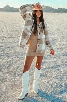 Beige Plaid Knit Shirt Jacket for Women - Cozy Oversized Button Up Cardigan Sweater | Perfect for Fall Layering, Casual Outfits & Outdoor Activities