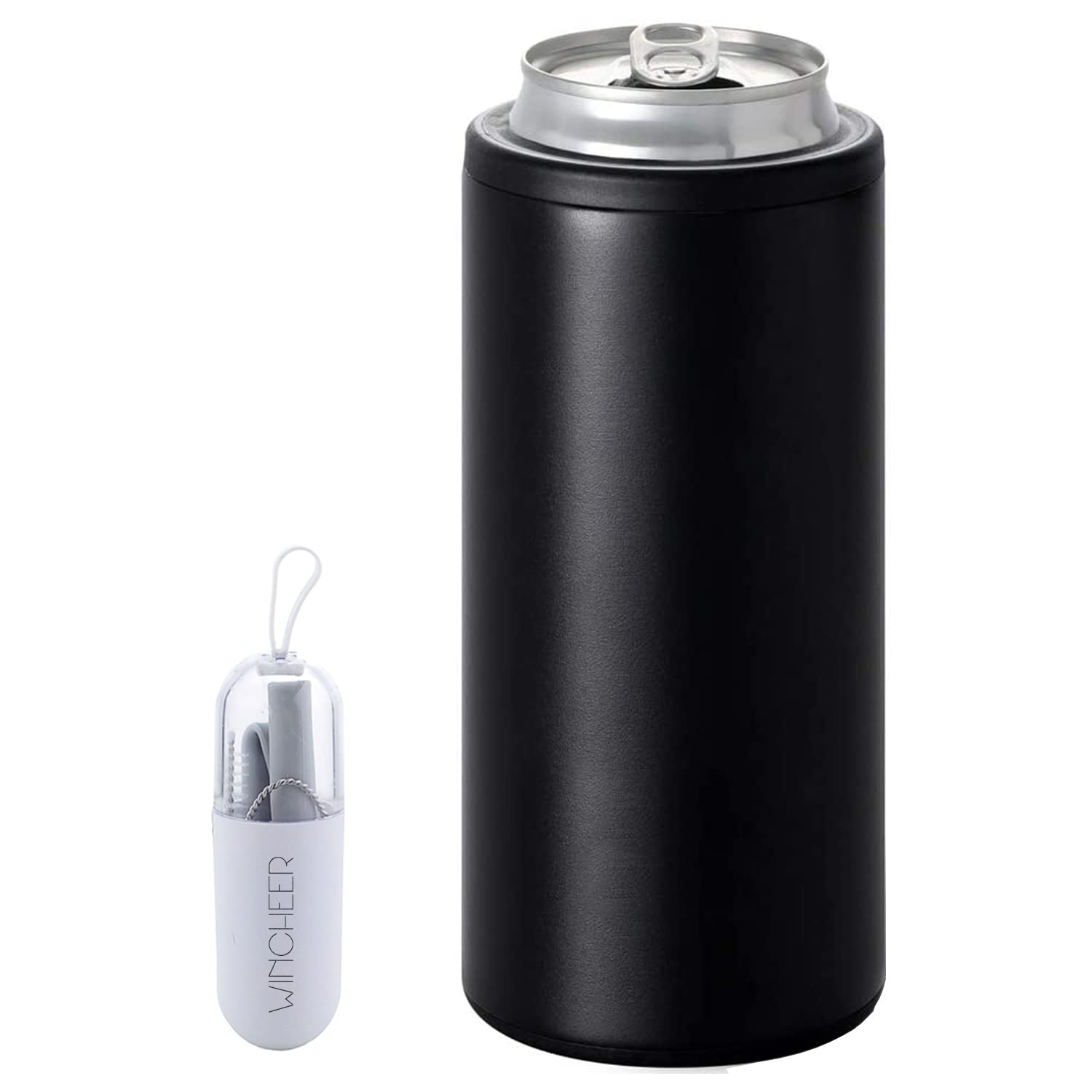12 Oz Slim Can Cooler with Reusable Straw - Double-Walled Vacuum Insulated Stainless Steel Beer Soda Beverage Holder - Perfect for Camping, Picnics & Outdoor Parties