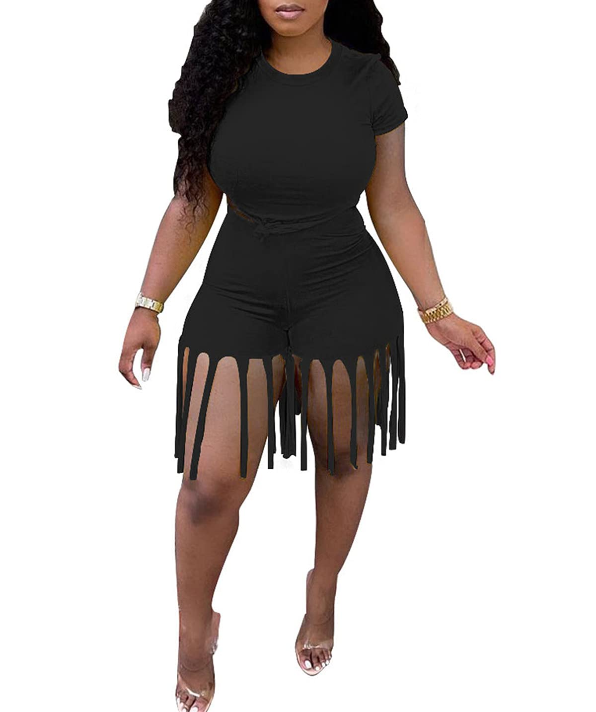 Plus Size Women's 2-Piece Summer Outfit Set - Sexy Bodycon Crop Top & Tassel Shorts for Casual Wear, Beach Vacation, and Night Out