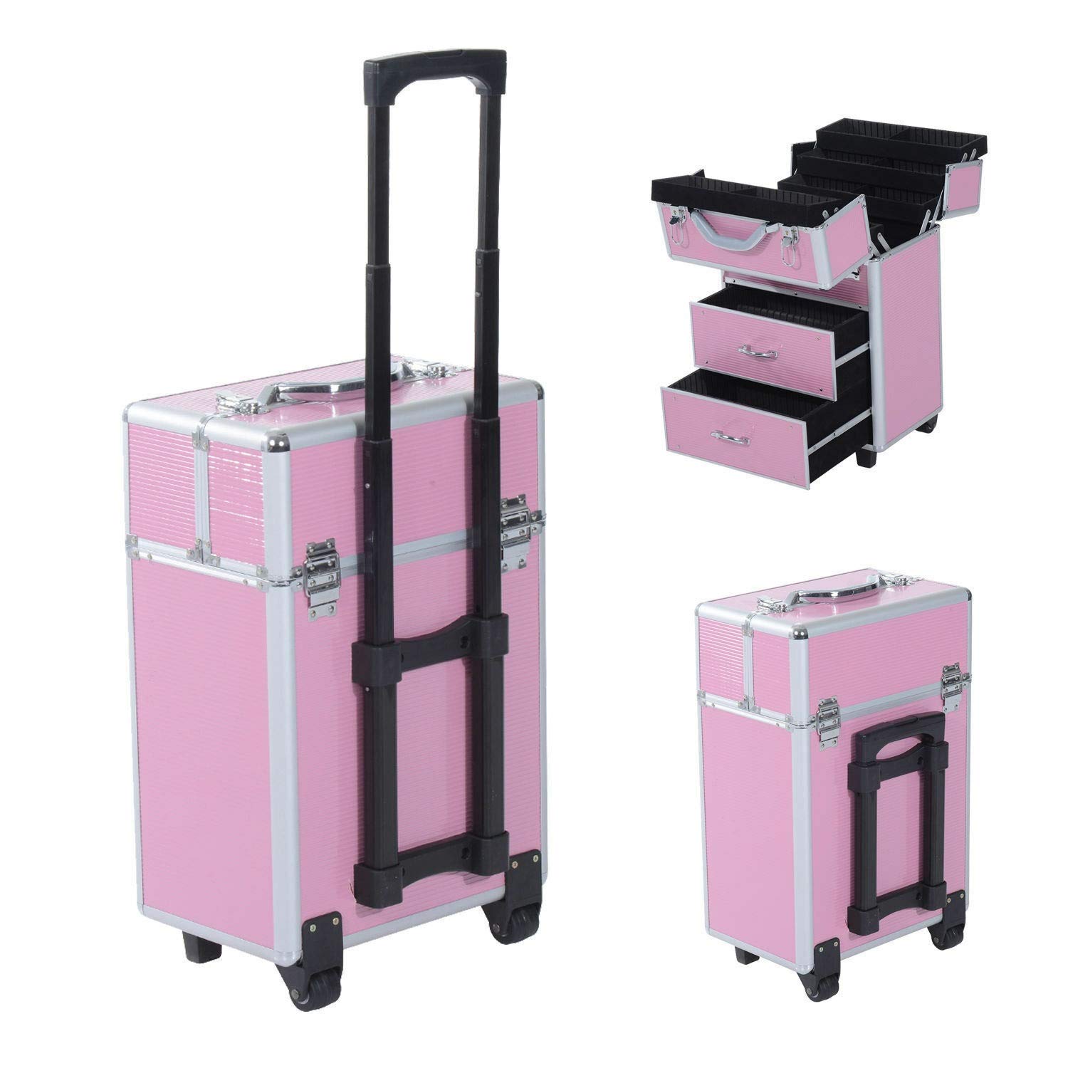 GXP Pro Rolling Aluminum Makeup Case - Lockable Cosmetic Train Box & Trolley Storage Organizer (Pink) | Perfect for Professional Makeup Artists & Travel Beauty Storage
