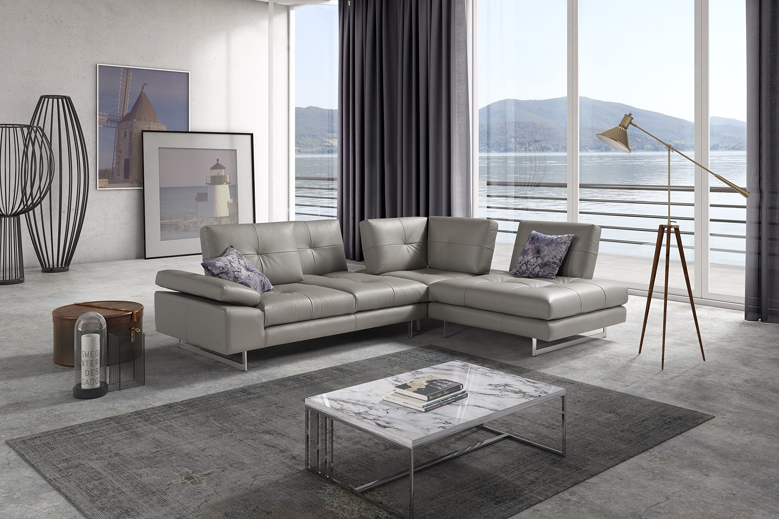 J and M Furniture Prive RHF Chaise 592 Grigio Medium Premium Leather Sectional Sofa - Modern Living Room Furniture for Home Theater, Lounge & Family Gatherings