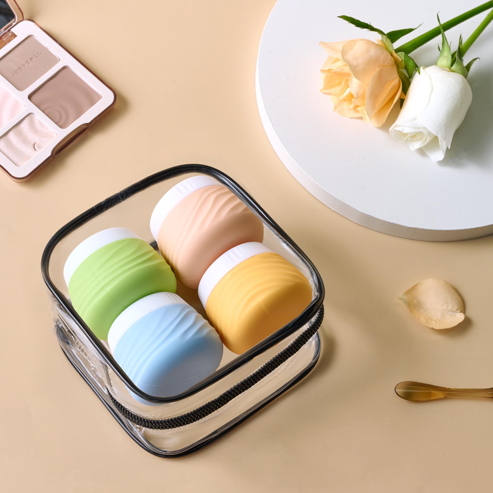 TSA Approved Leak-Proof Silicone Travel Containers for Toiletries - 4 Pack Cosmetic Jars with Lids for Lotion, Face & Body Cream - Perfect for Air Travel, Gym & Vacation Essentials (Clear Travel Bag Included)