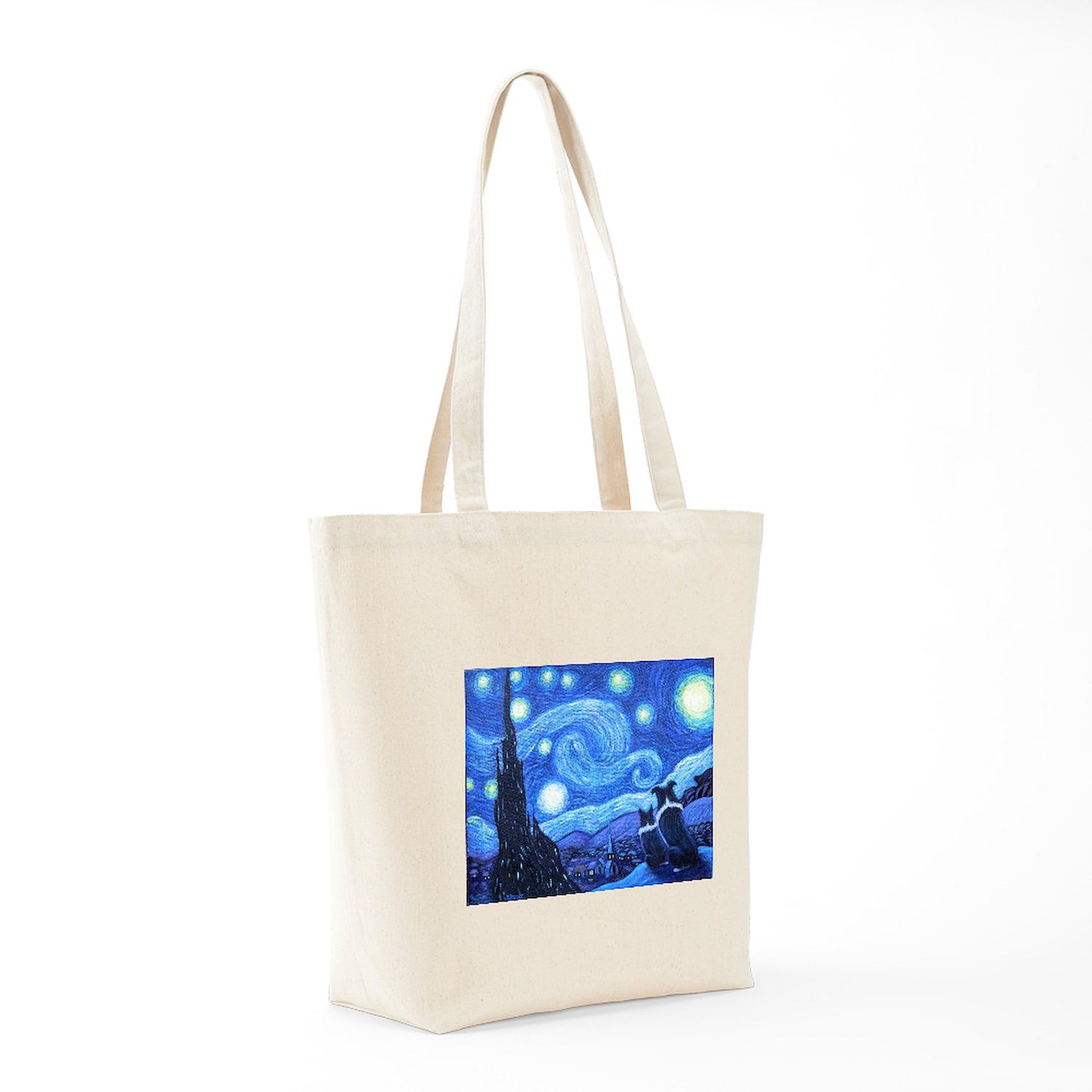 Starry Night Border Collies Canvas Tote Bag - Eco-Friendly Reusable Shopping Bag for Groceries, Beach & Daily Use | Van Gogh Inspired Dog Lover Gift