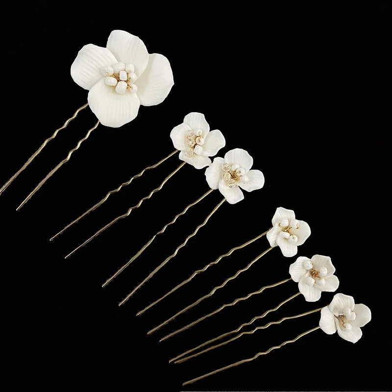 6PCS White Ceramic Flower Wedding Hair Pins - Handmade Bridal Hair Accessories for Women, Elegant Floral Hair Jewelry for Bridesmaids, Prom, Party & Special Occasions
