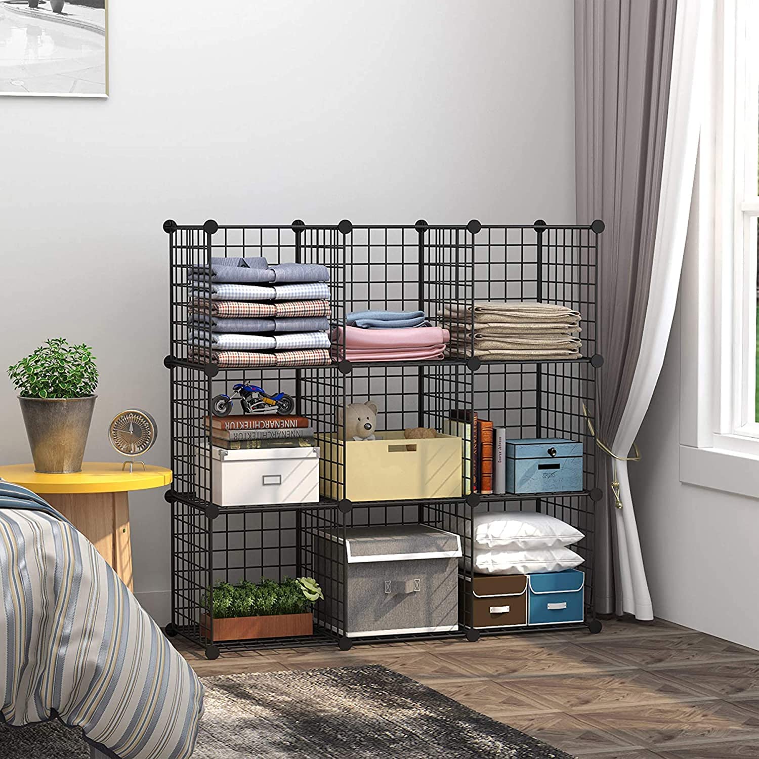 C&AHOME 9-Cube Wire Storage Organizer - Black Metal Grid Modular Shelf for Home, Office, Closet | 36.6