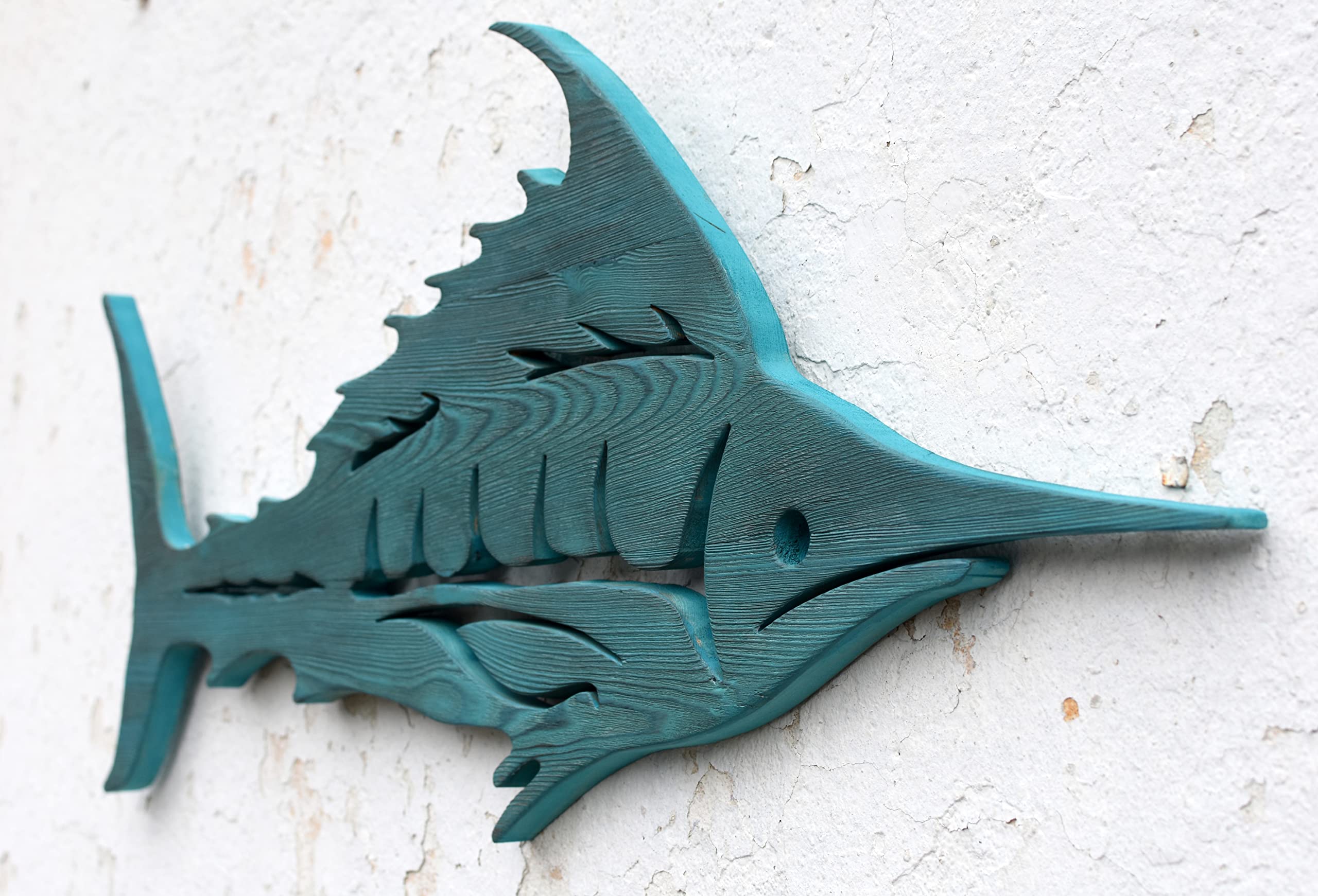 Hand Carved Wooden Marlin Wall Art - Coastal Fish Sculpture Decor for Beach House, Living Room & Office (Brown)
