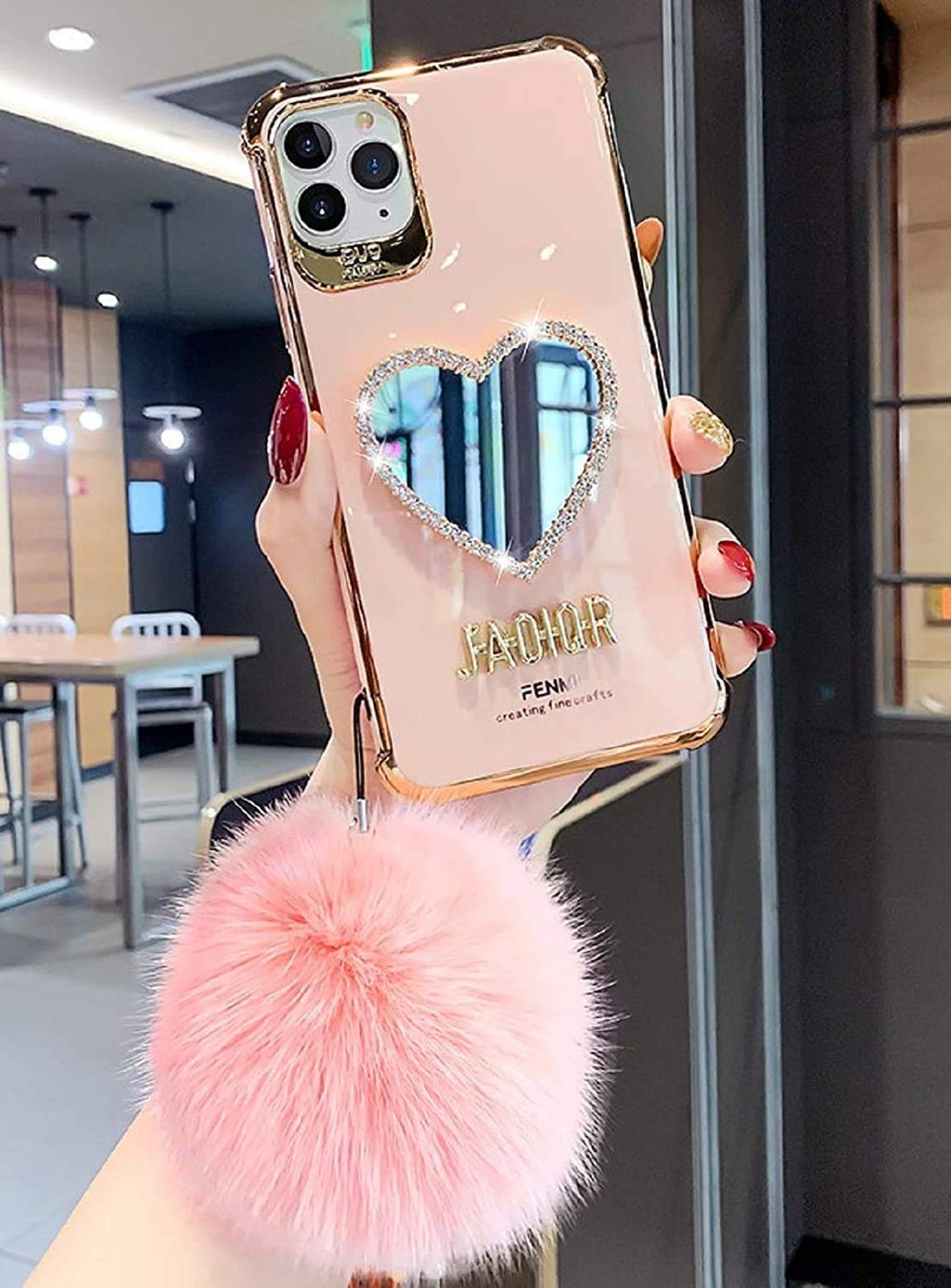 LELEBEAR Bling Heart-Shaped Mirror Phone Case for iPhone 12 - Light Pink Luxury Makeup Mirror Case with Stand | Perfect for Selfies, Makeup & Vanity (Compatible with iPhone 12)