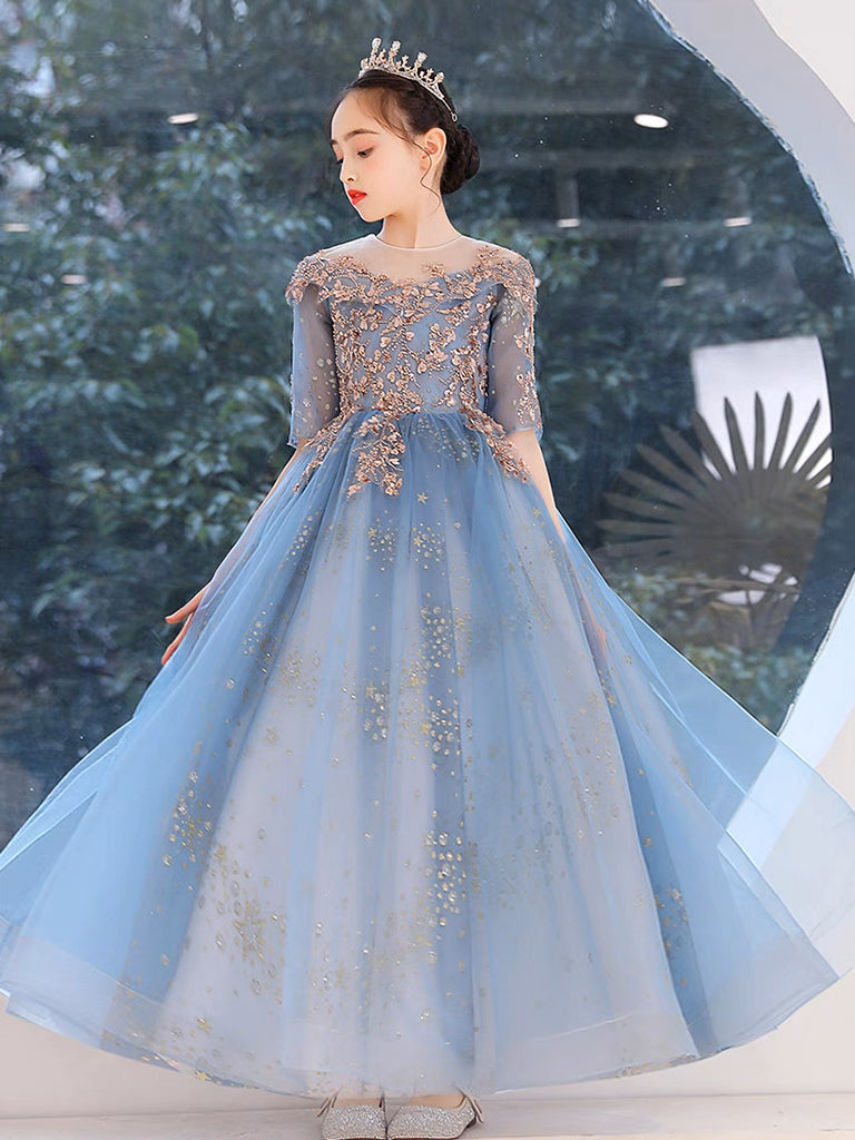 Blue Round Neck Tulle Sequin Lace Flower Girl Dress - Elegant Princess Gown for Weddings, Baptisms & Special Occasions