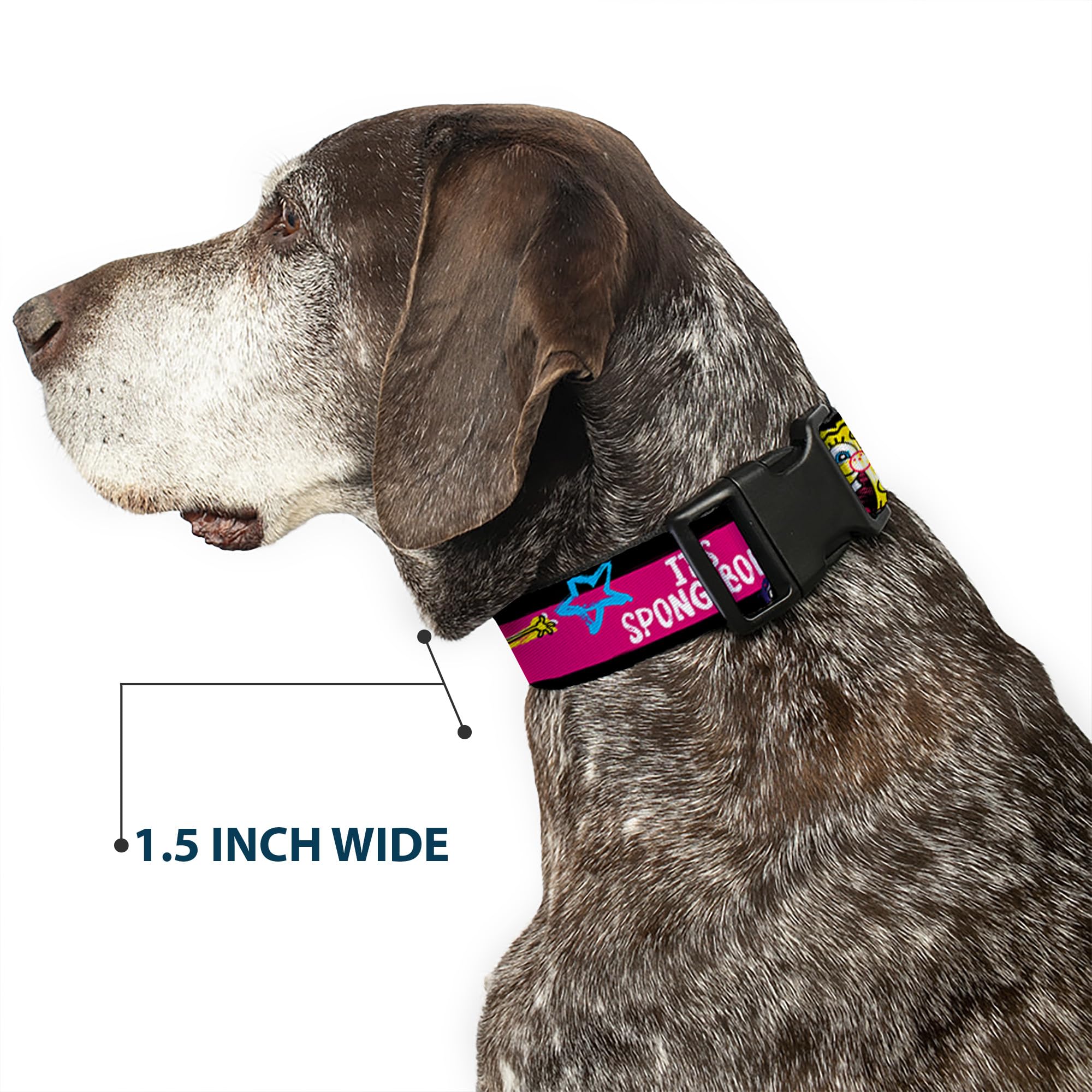 Spongebob Dog Collar with Plastic Clip - Adjustable 18-32 Inch, 1.5 Inch Wide Pet Collar in Black, Pink, Blue & White Stripes - Perfect for Cosplay, Halloween Costumes & Cartoon-Themed Pet Accessories