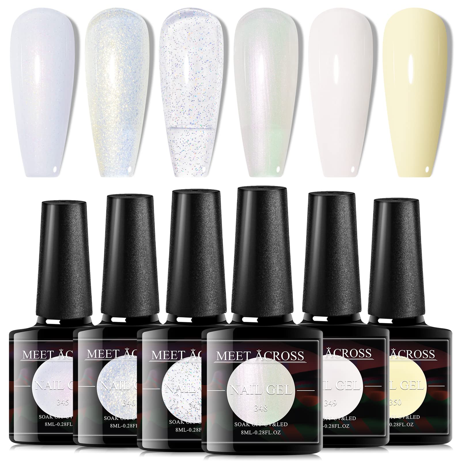 MEET ACROSS UV Gel Nail Polish Set - 6 Colors White & Glitter Jelly Transparent Gel Polish Kit for UV/LED Lamp, Soak Off Manicure - Perfect for DIY Nail Art, Home Salon & Professional Use