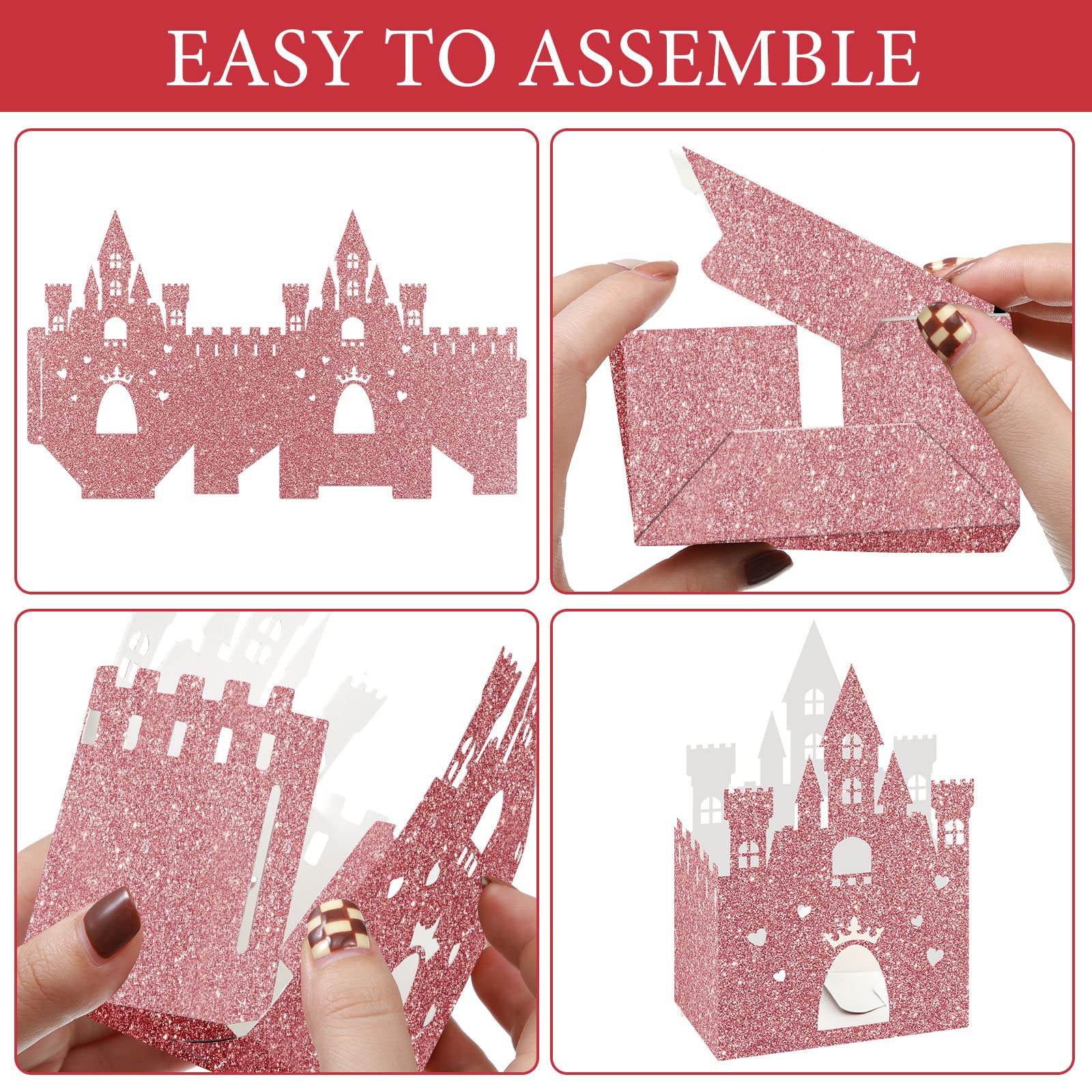 24-Piece Glitter Rose Gold Princess Castle Candy Boxes - Elegant Wedding & Birthday Party Favors, Decorations for Princess Themed Celebrations, Baby Showers, Bridal Showers, and Special Events