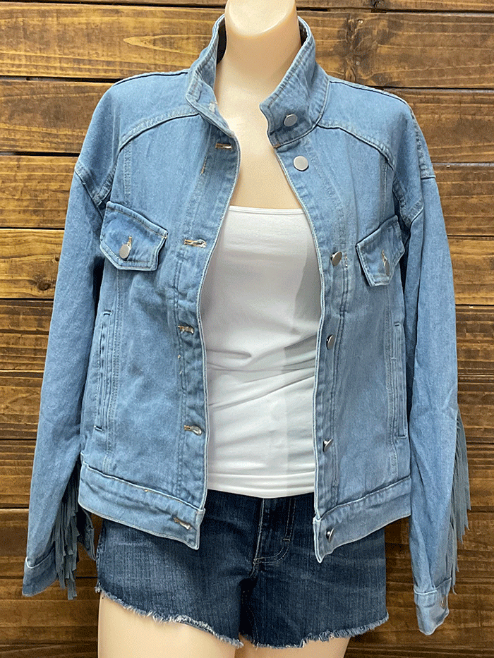 Fate FJ4302 Women's Light Medium Wash Fringe Denim Jacket - Stylish Outerwear for Casual Outings & Boho Fashion